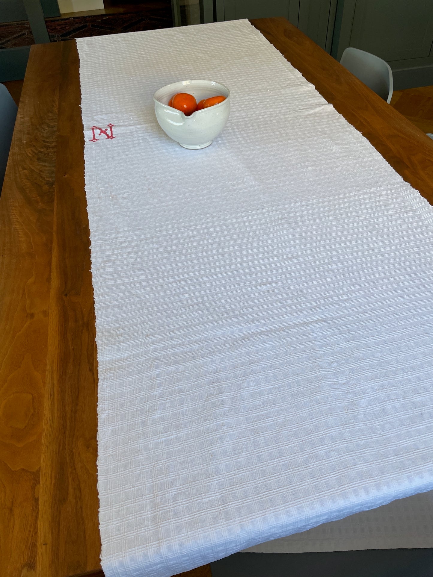long white table runner rustic home loomed sewing fabric upholstery cushions monogrammed N