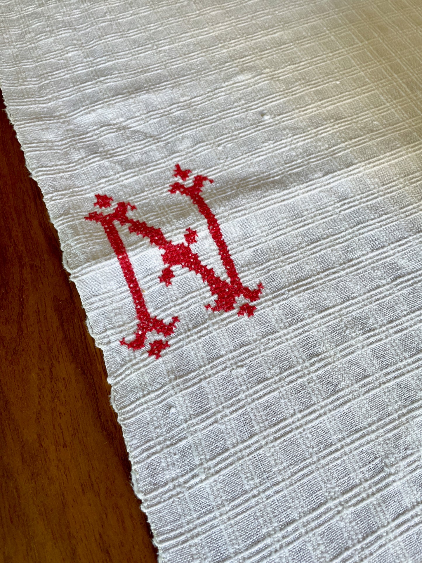 long white table runner rustic home loomed sewing fabric upholstery cushions monogrammed N