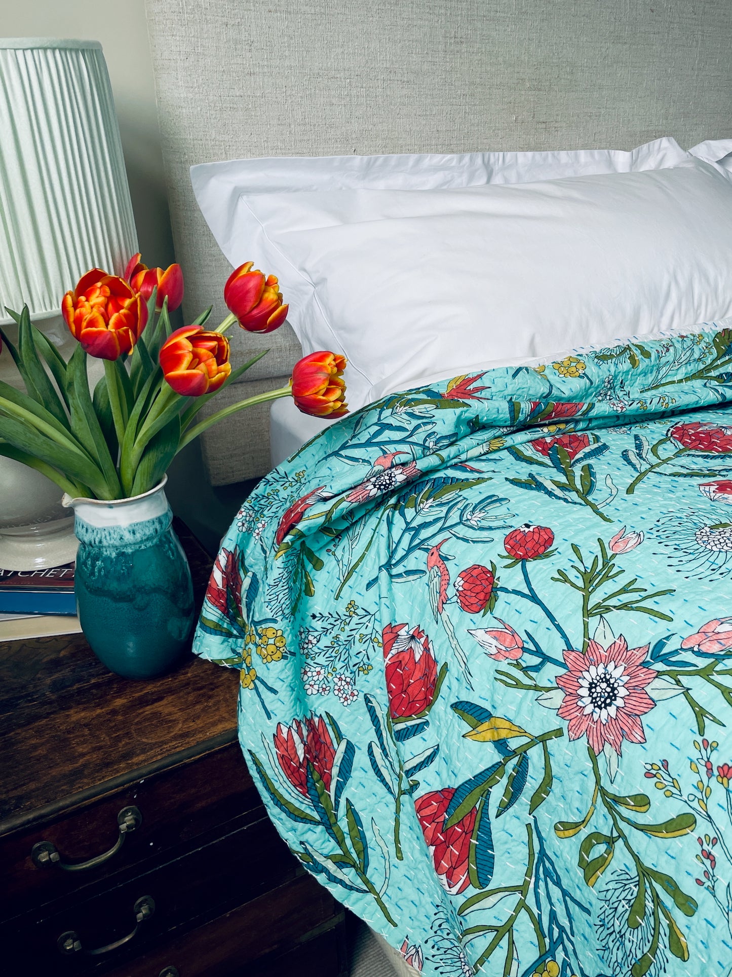 
                  
                    large aqua block print kantha quilt bedspread souble sofa throw birds and flowers washable cotton
                  
                