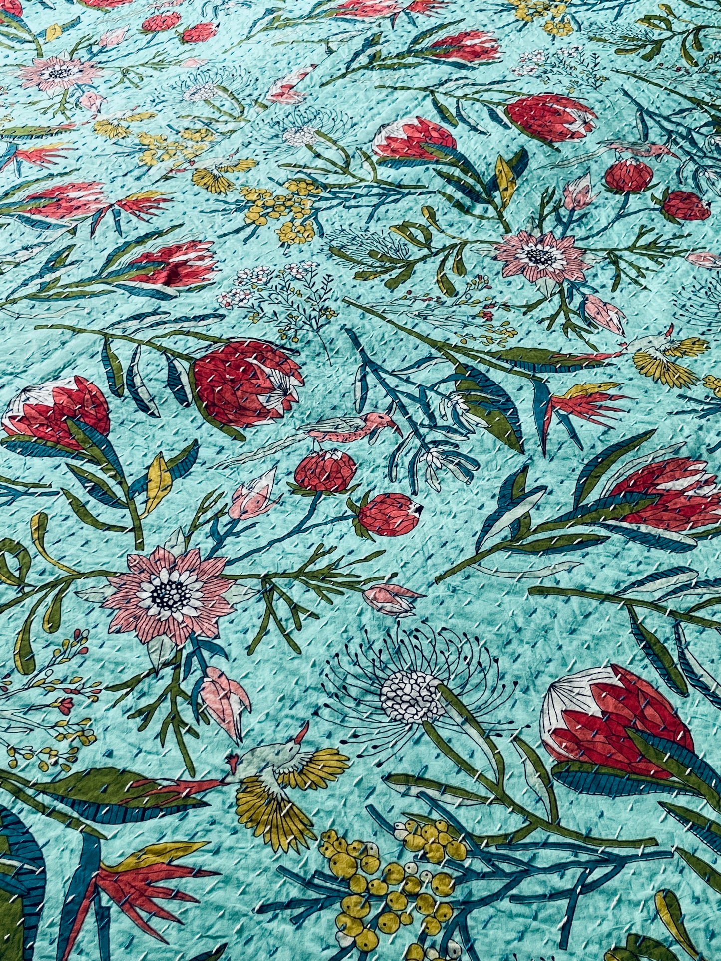 large aqua block print kantha quilt bedspread souble sofa throw birds and flowers washable cotton