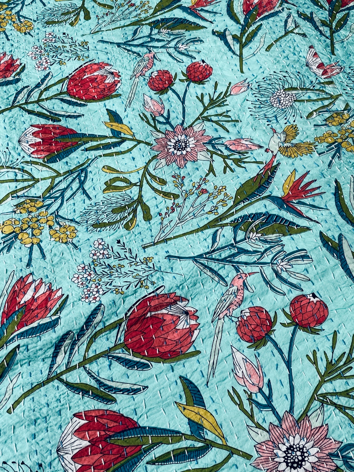 
                  
                    large aqua block print kantha quilt bedspread souble sofa throw birds and flowers washable cotton
                  
                