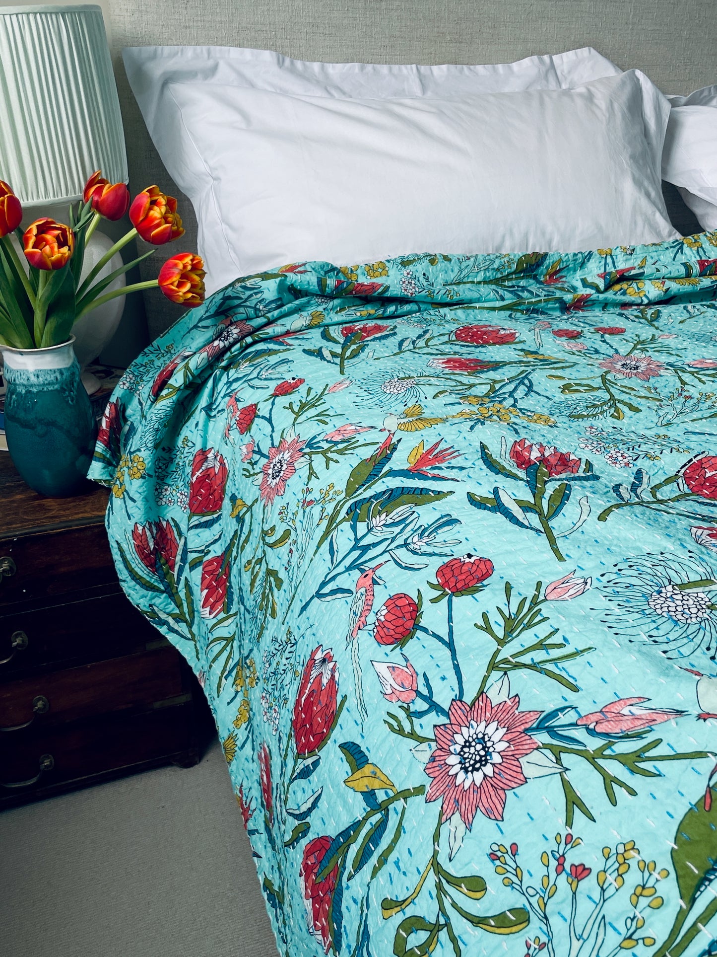 large aqua block print kantha quilt bedspread souble sofa throw birds and flowers washable cotton