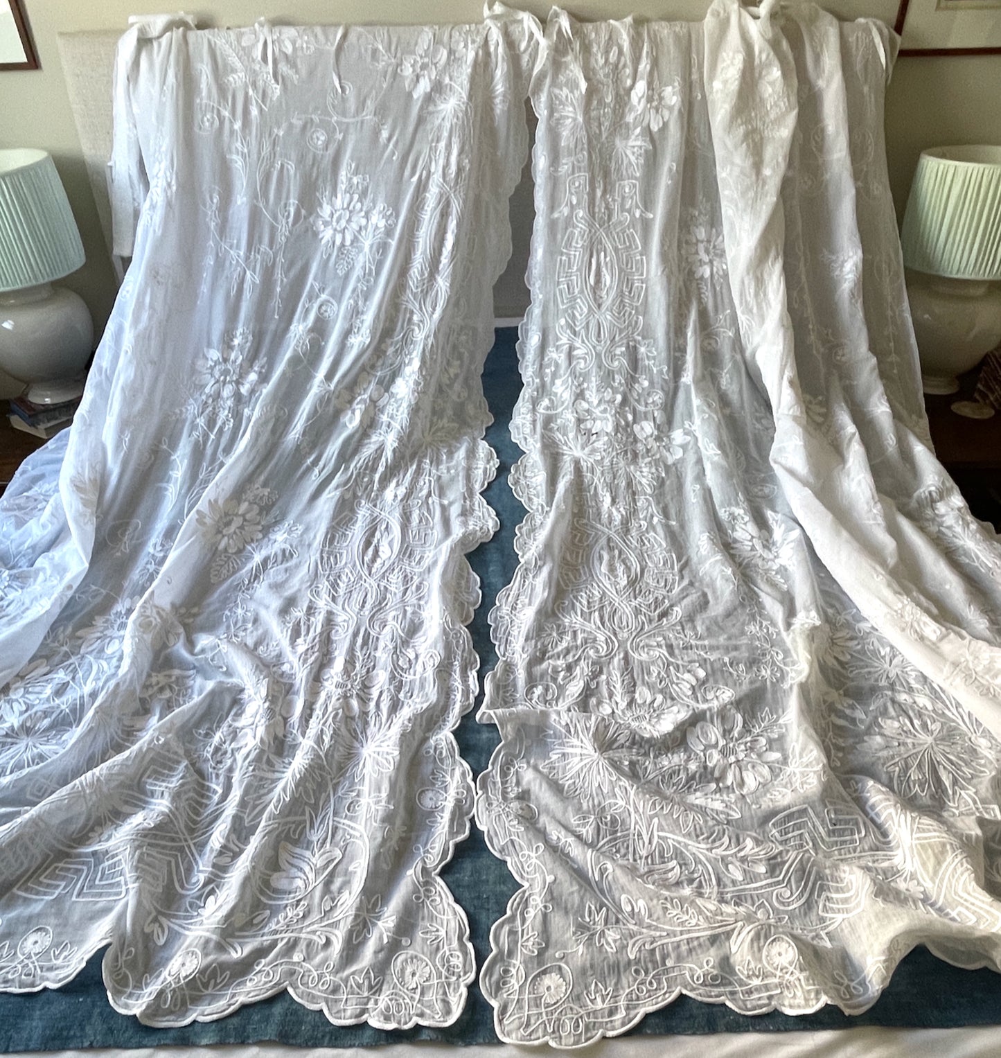 antique french embroidered curtain pair of rideaux de cornelys white cotton crewelwork sheers