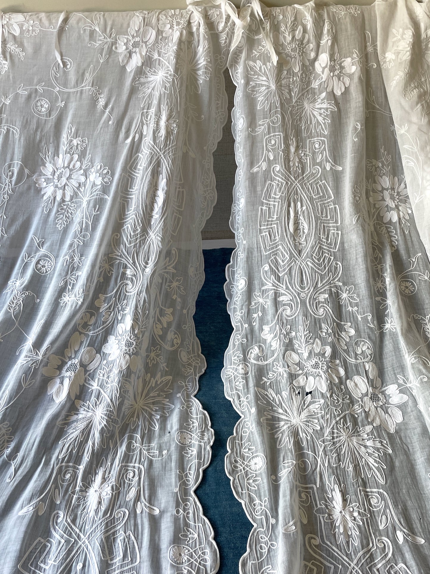 
                  
                    antique french embroidered curtain pair of rideaux de cornelys white cotton crewelwork sheers
                  
                