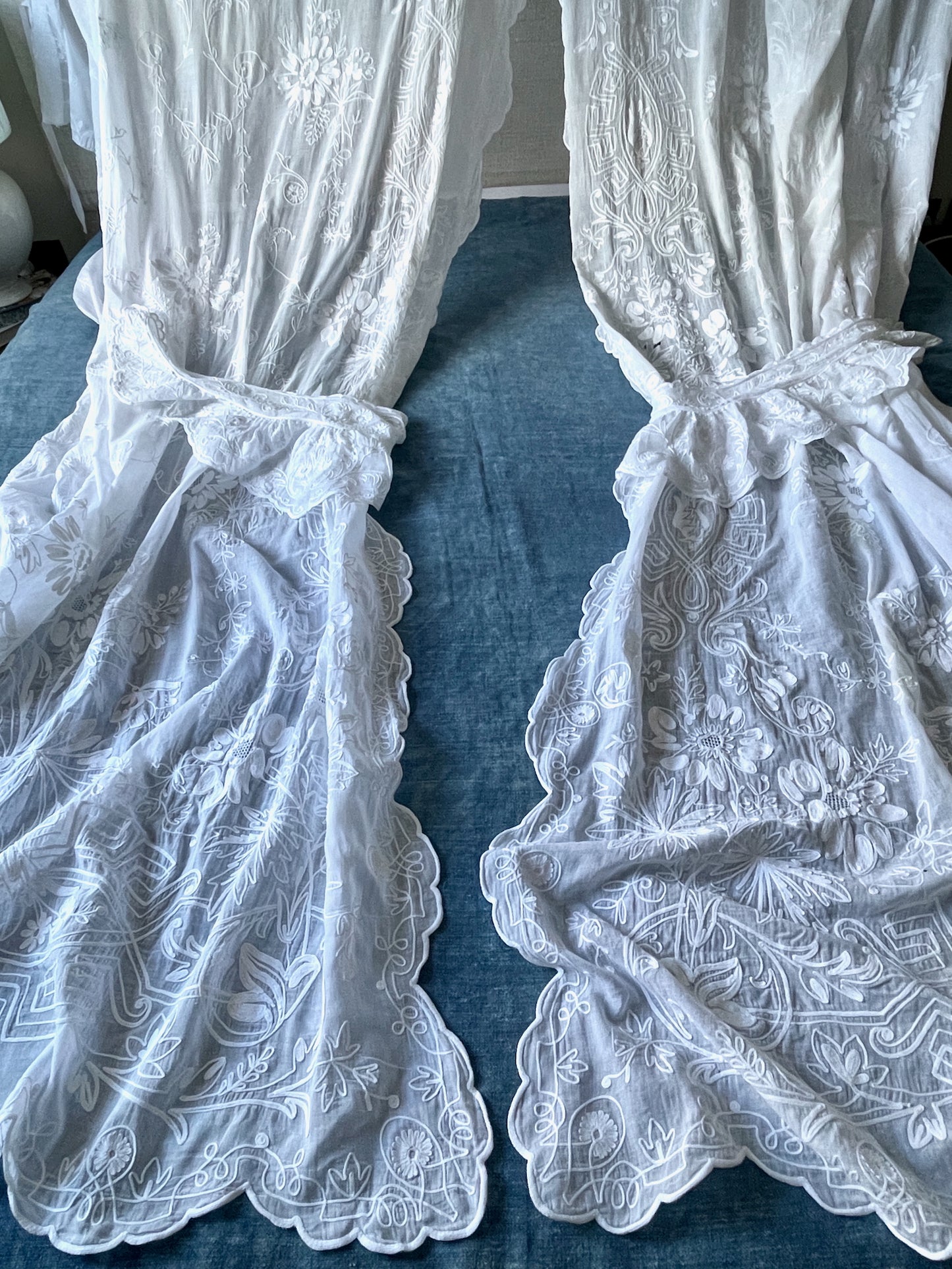 antique french embroidered curtain pair of rideaux de cornelys white cotton crewelwork sheers