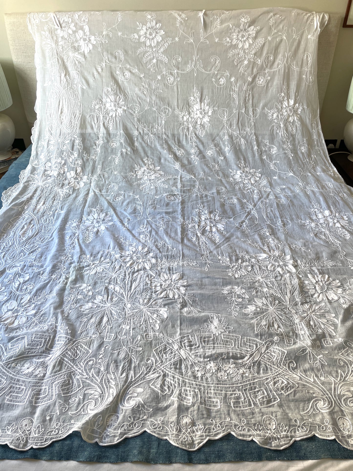 
                  
                    antique french embroidered curtain pair of rideaux de cornelys white cotton crewelwork sheers
                  
                