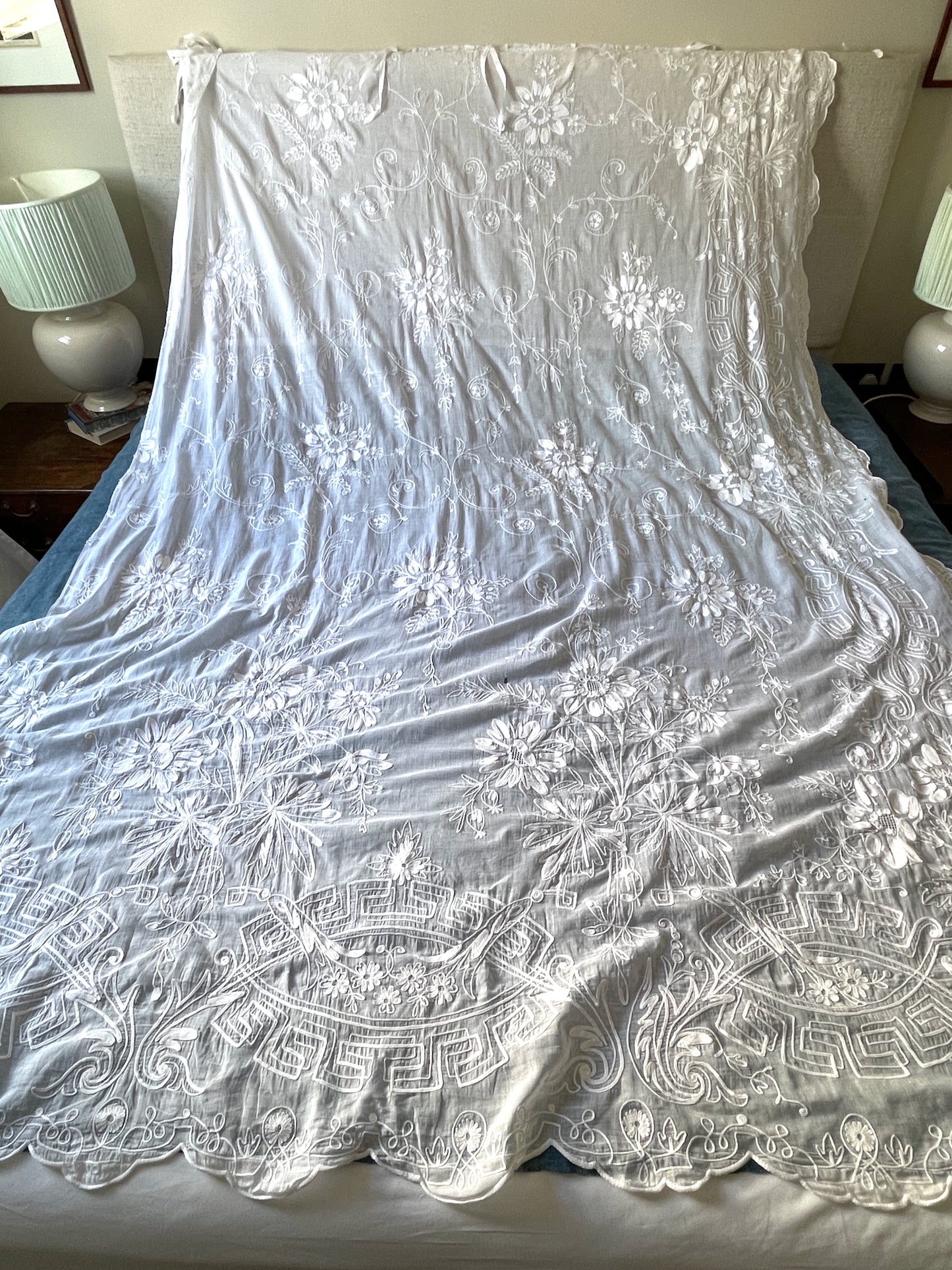 
                  
                    antique french embroidered curtain pair of rideaux de cornelys white cotton crewelwork sheers
                  
                