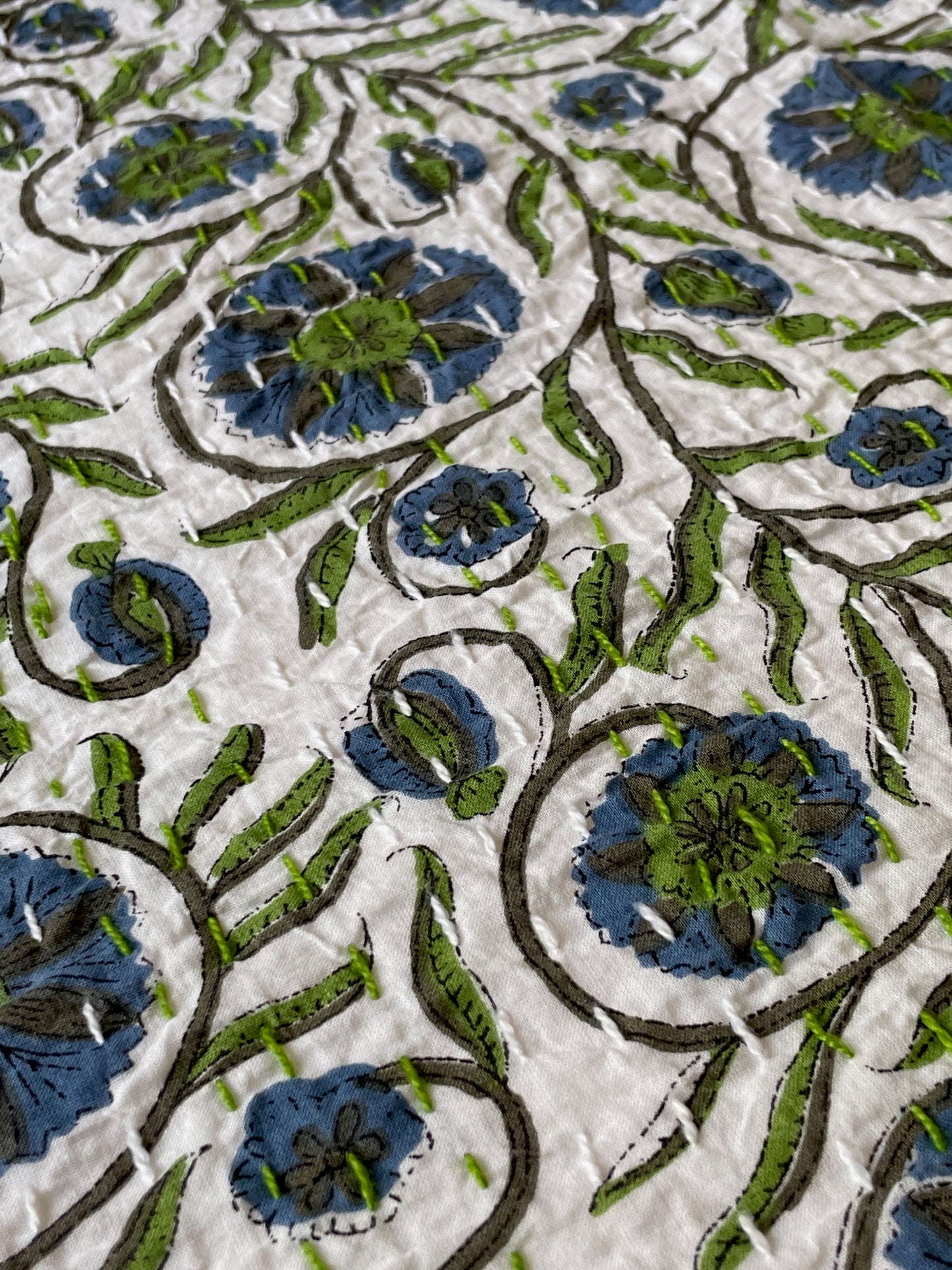 large blue green cornflower bedspread block print kantha quilt on bed washable cotton king 