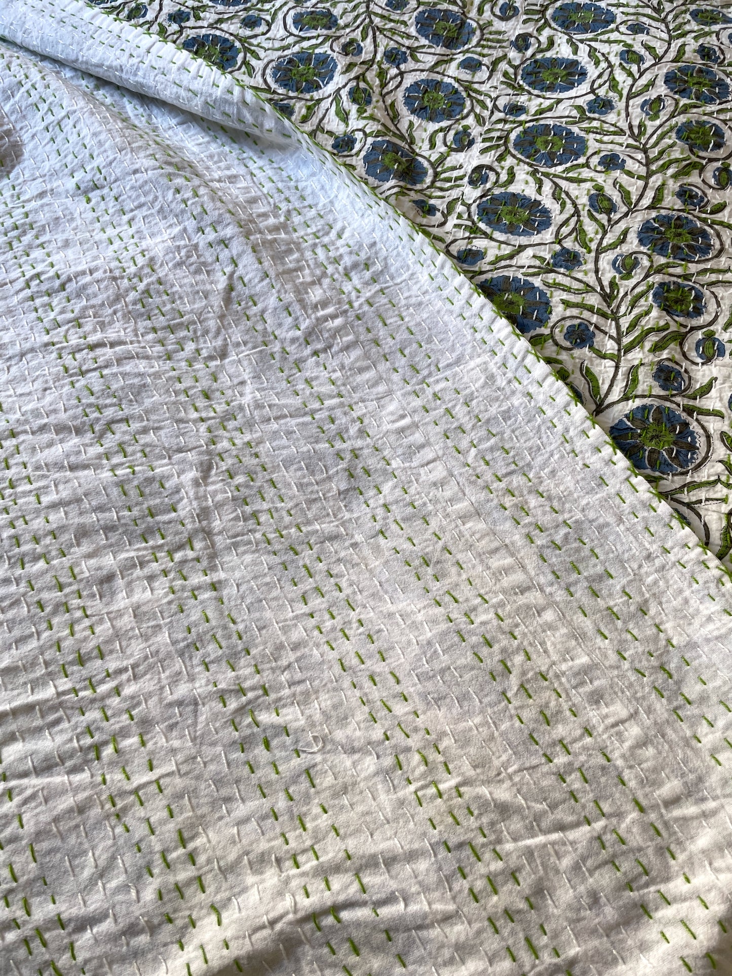 
                  
                    large blue green cornflower bedspread block print kantha quilt sofa throw washable cotton king 
                  
                