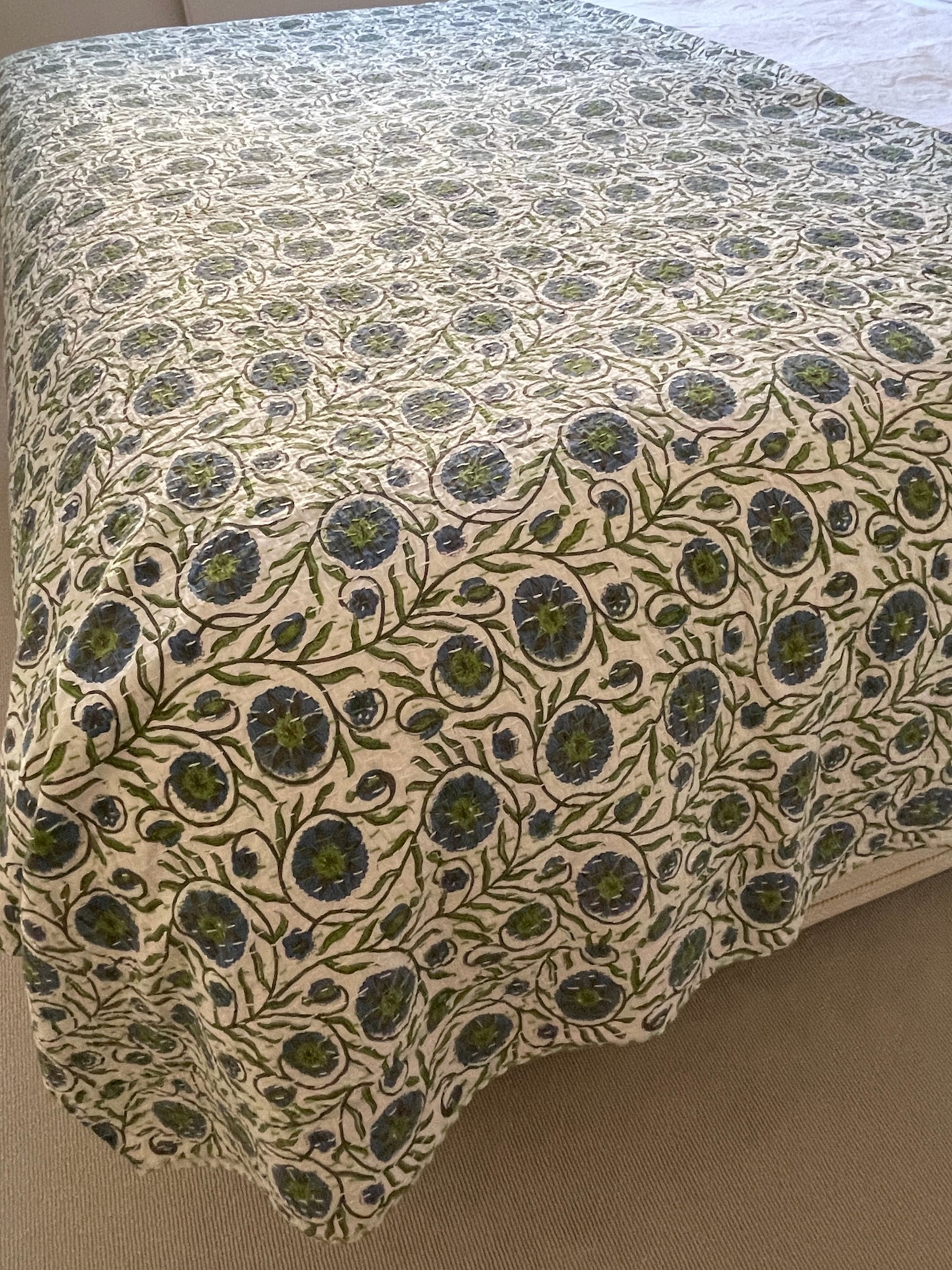 
                  
                    large blue green cornflower bedspread block print kantha quilt on bed washable cotton king 
                  
                