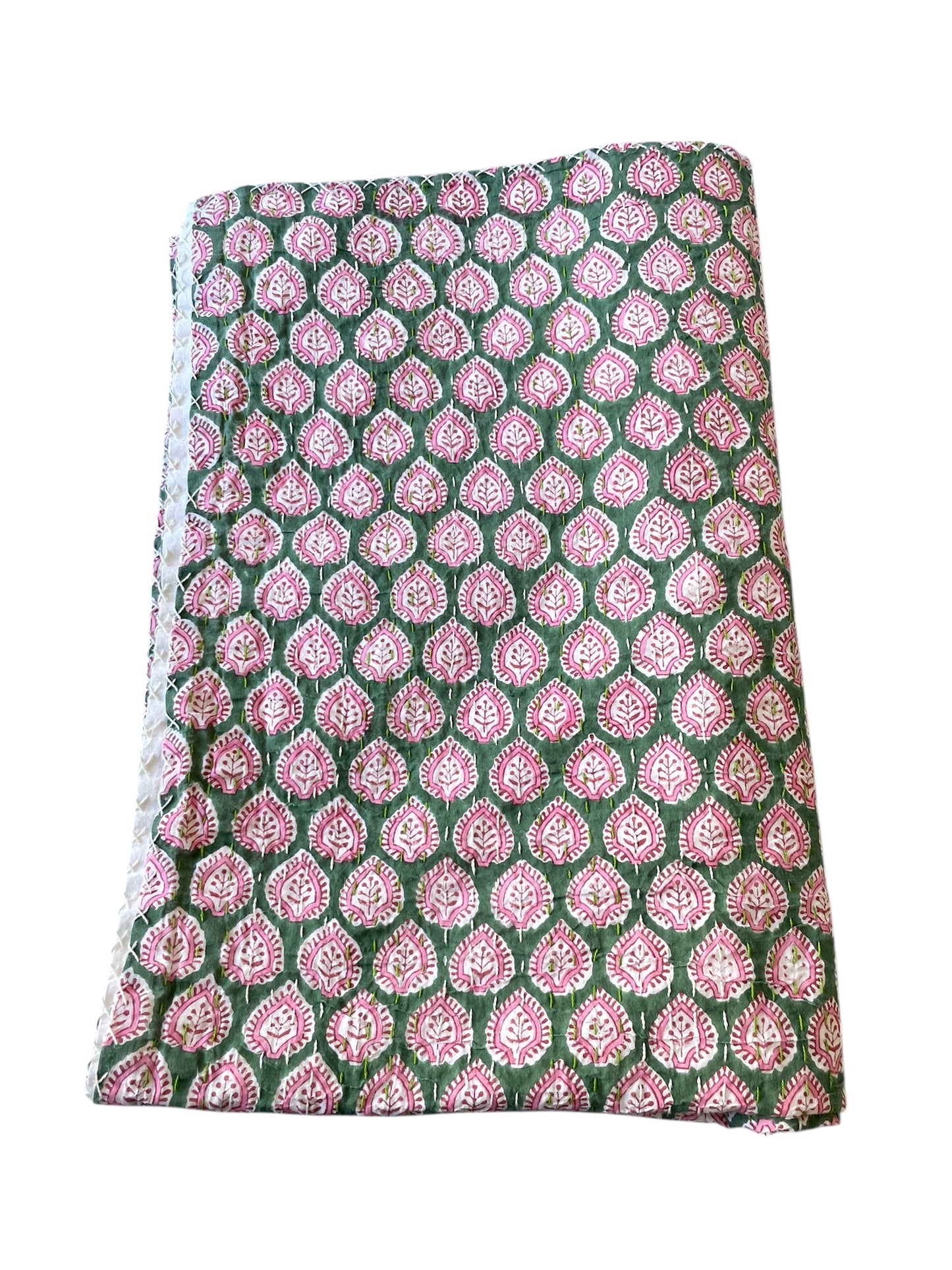 soft pink and green kantha quilt single block print bedspread machine washable cotton throw