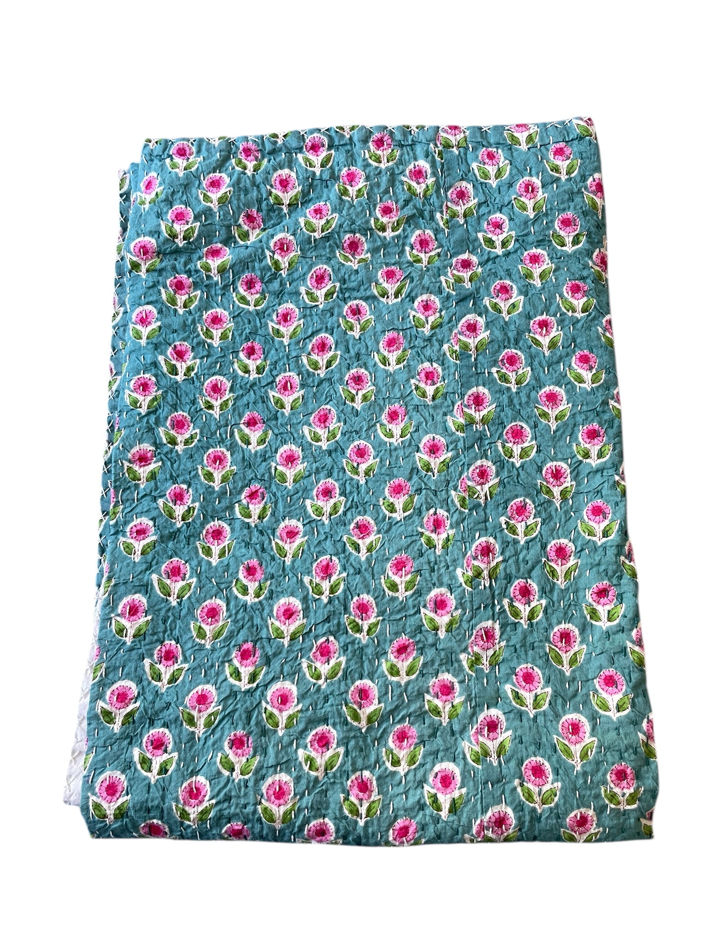 teal and pink folded block print single kantha bedspread handmade quilt comforter washable