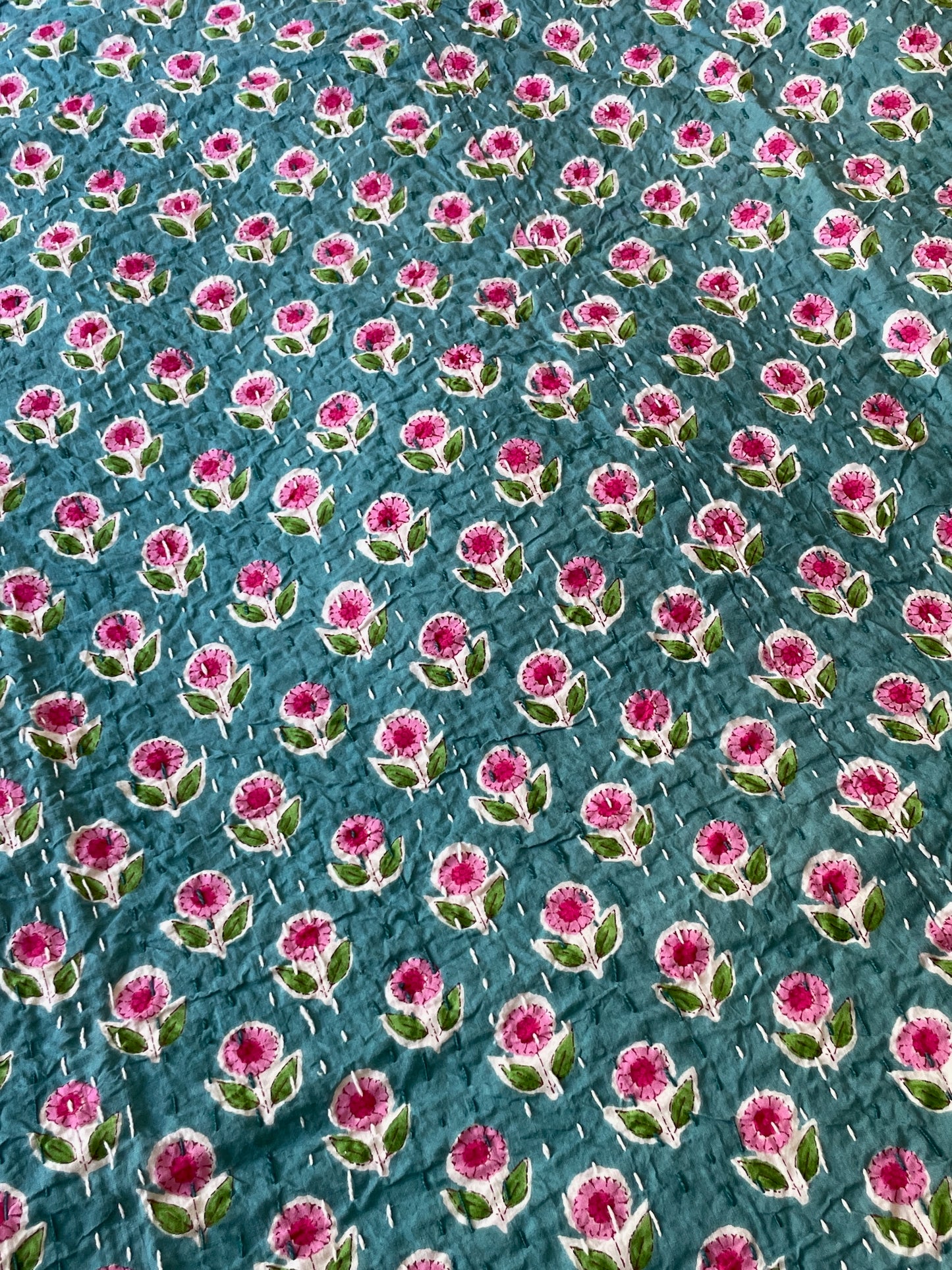 
                  
                    teal and pinkfloral block print single kantha bedspread handmade quilt comforter washable
                  
                