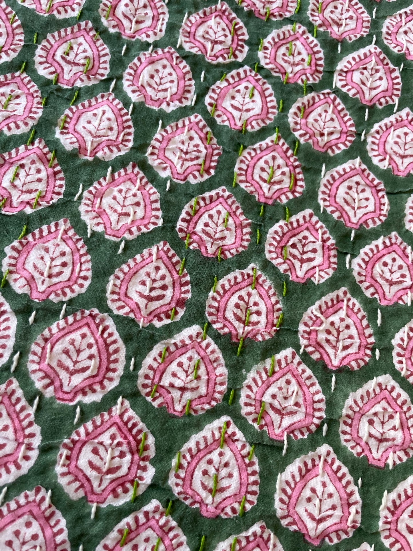 soft pink and green kantha quilt single block print bedspread airy light feel perfect for layering