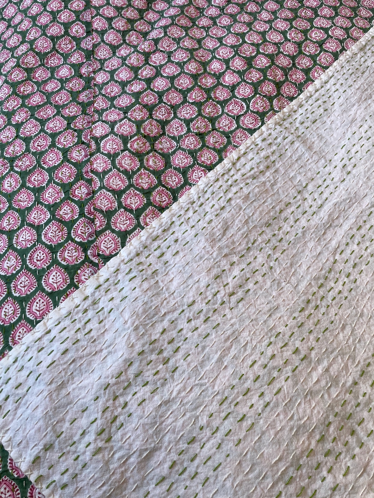 
                  
                    reversible soft pink and green floral small print kantha bedspread comforter cotton washable throw
                  
                