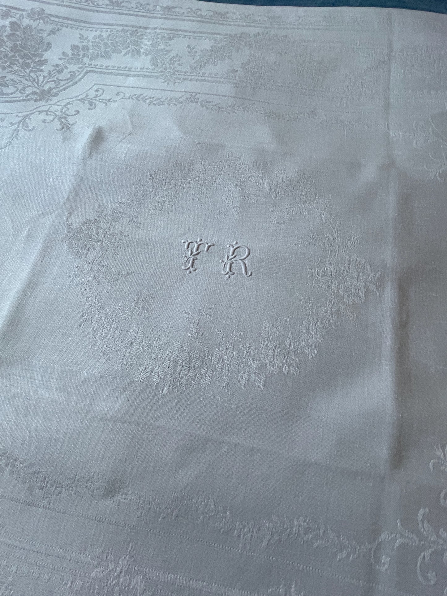 
                  
                    beautiful set of 12 antique french linen damask table napkins embroidered with initials TR rare find
                  
                