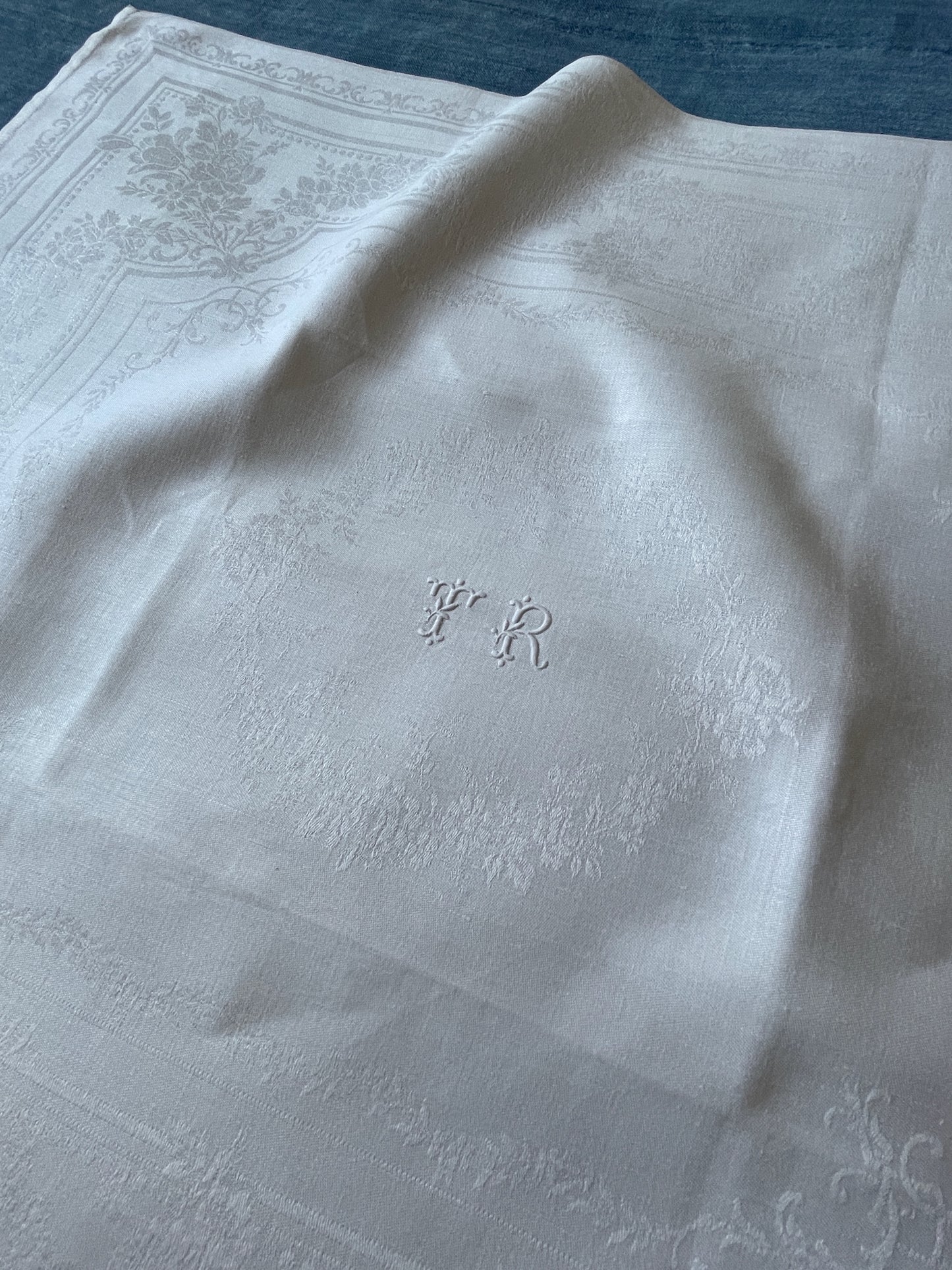 
                  
                    beautiful set of 12 antique french white linen damask table napkins monogrammed with initials TR
                  
                