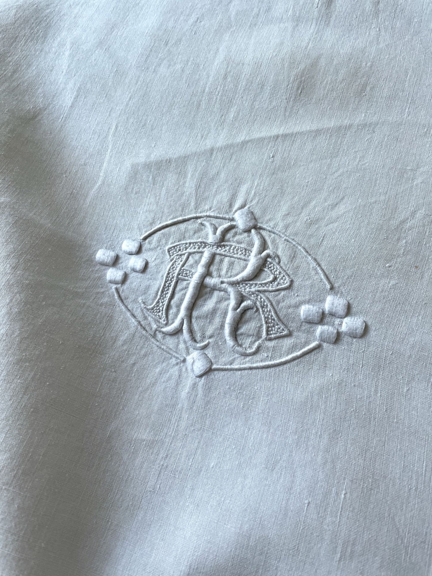 embroidered linen sheet monogrammed R cream linen flat sheet antique french bedding single