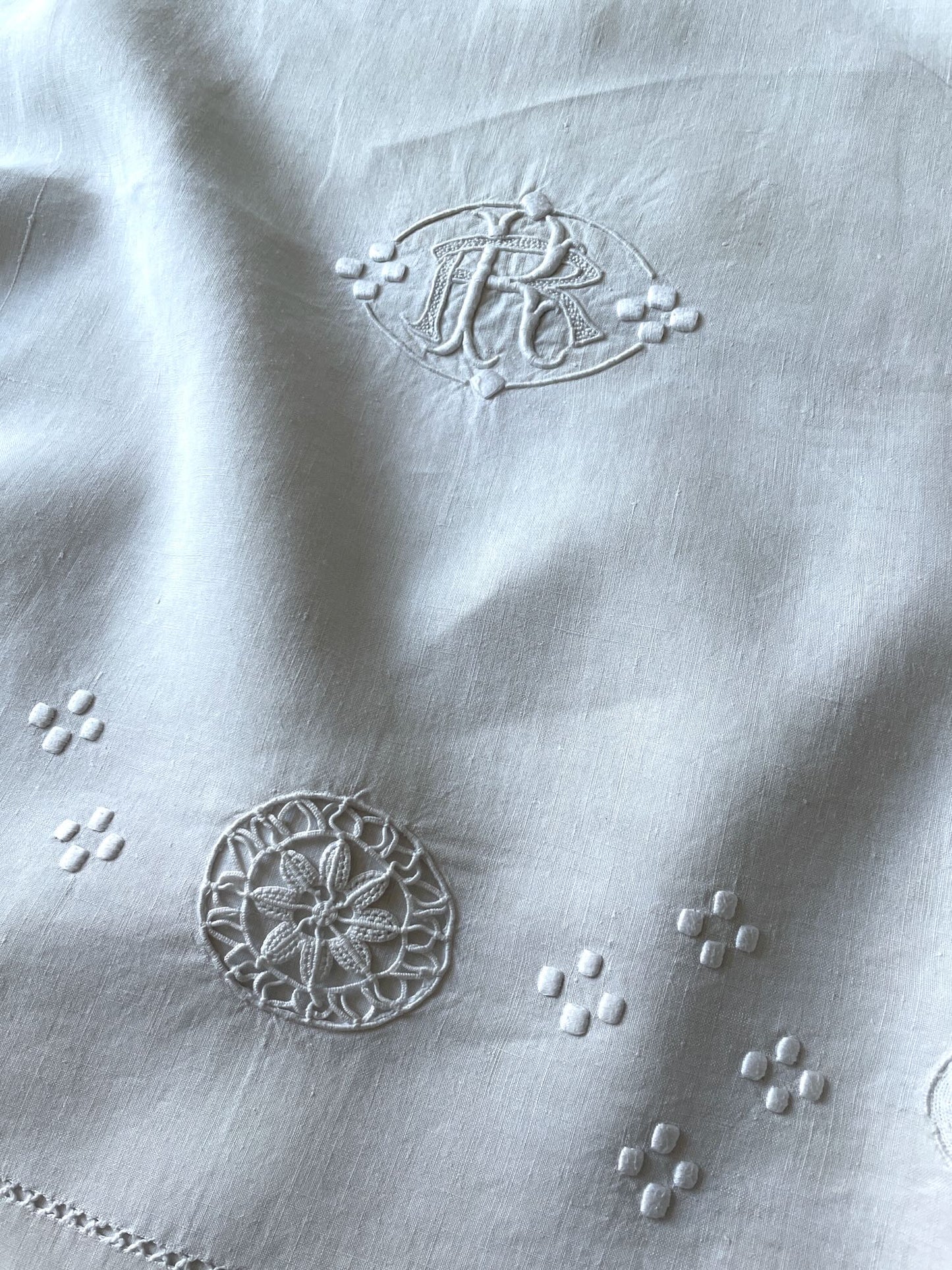 embroidered linen sheet monogrammed R cream linen flat sheet antique french bedding single