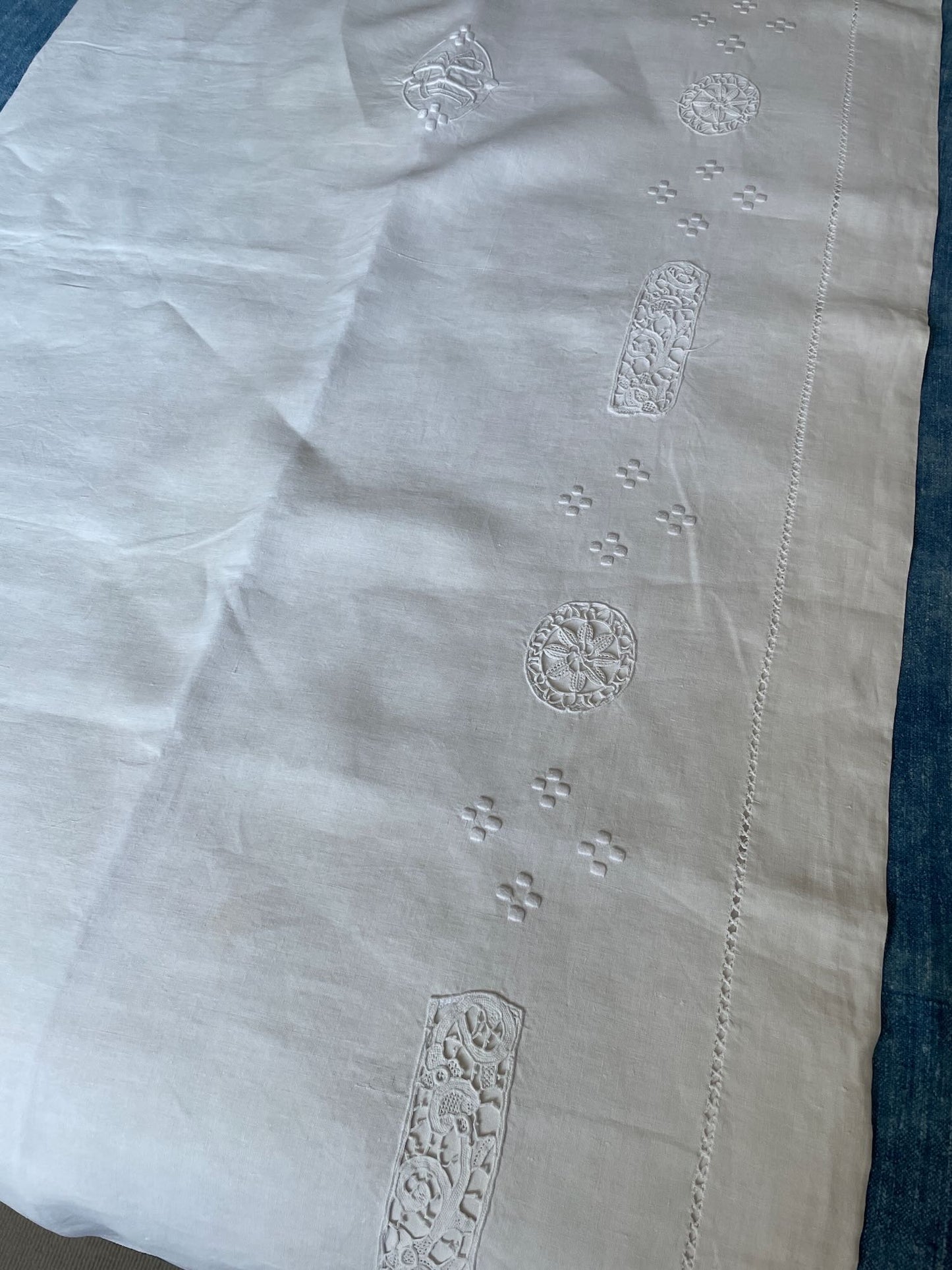 
                  
                    embroidered linen sheet monogrammed R cream linen flat sheet antique french bedding single
                  
                