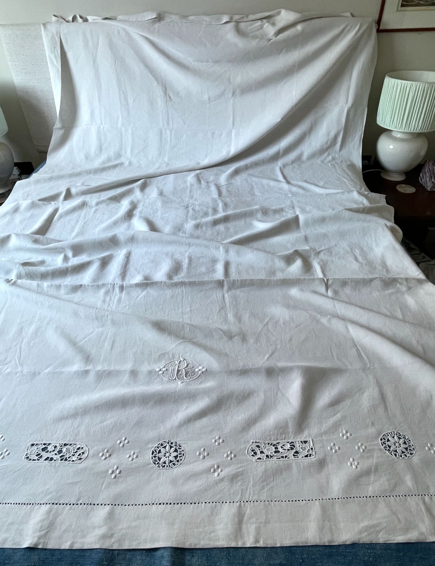
                  
                    embroidered linen sheet monogrammed R cream linen flat sheet antique french bedding single
                  
                