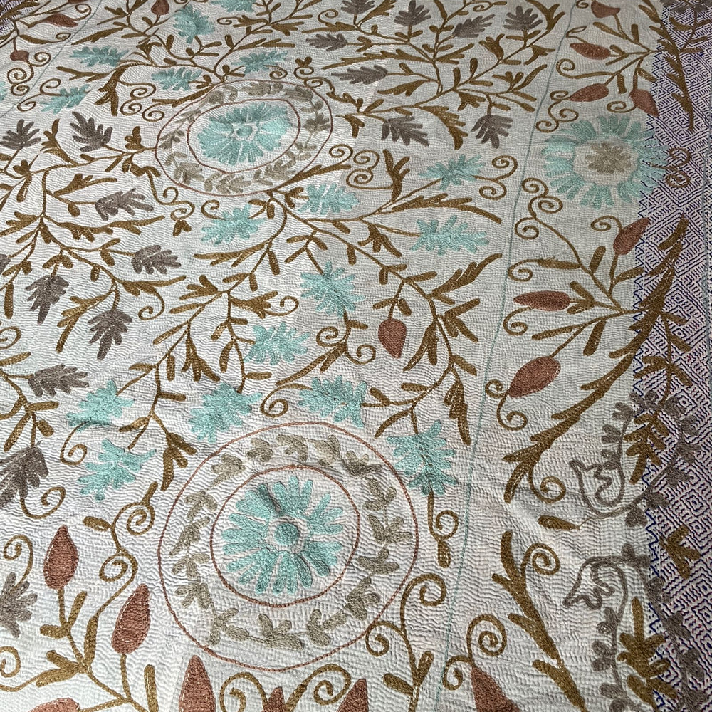 blue beige aqua embroidered kantha throw quilt suzani bedspread cotton comforter