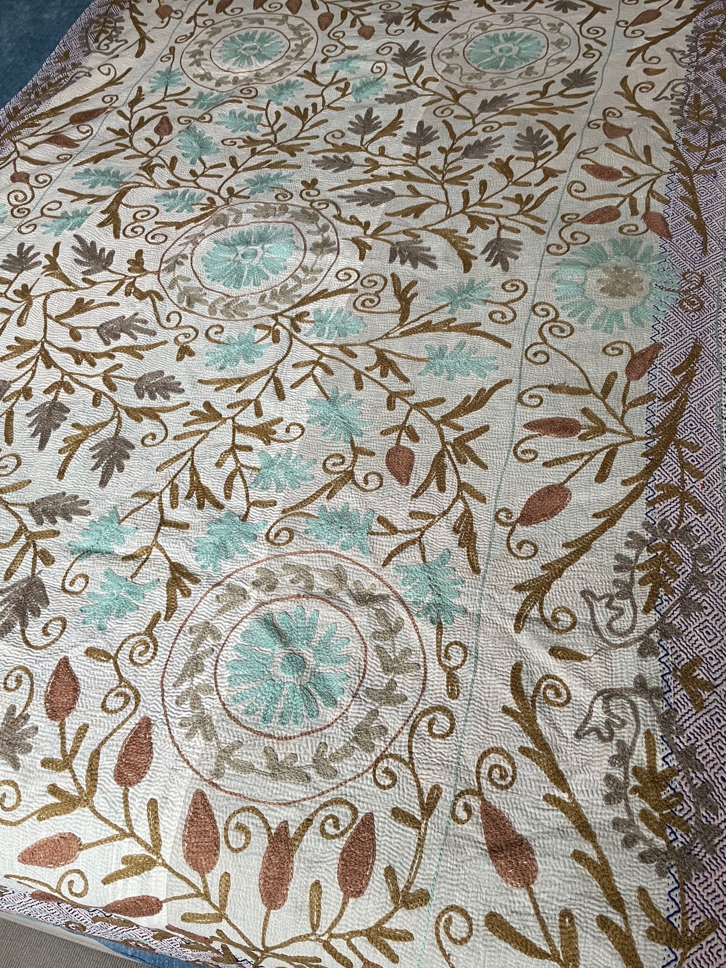 blue beige aqua embroidered kantha throw quilt suzani bedspread cotton comforter