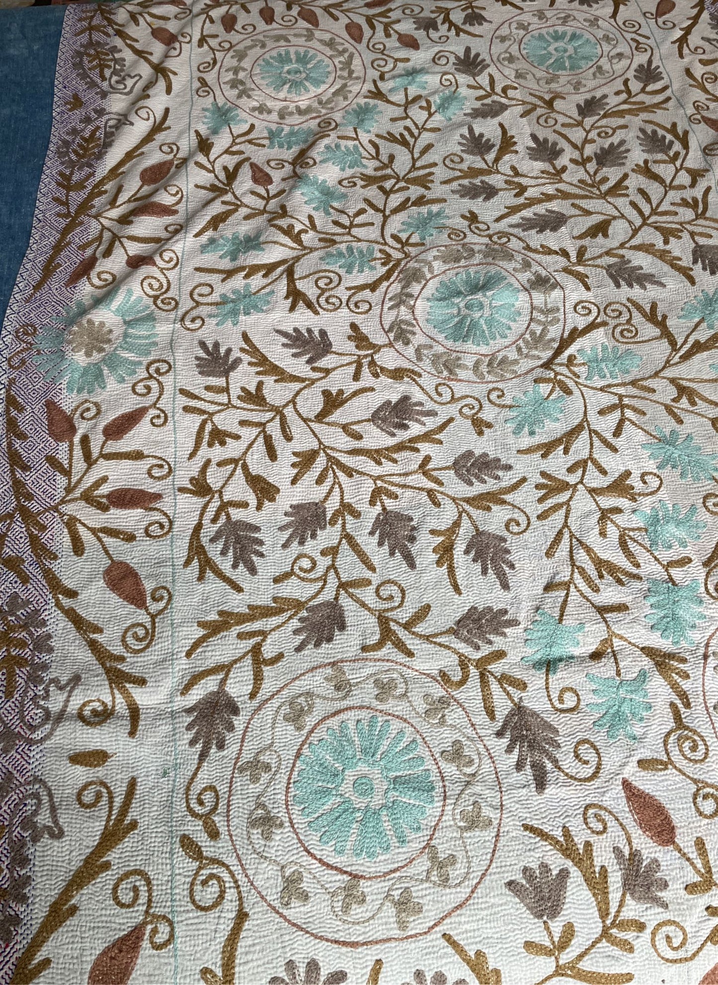 
                  
                    blue beige aqua embroidered kantha throw quilt suzani bedspread cotton comforter
                  
                