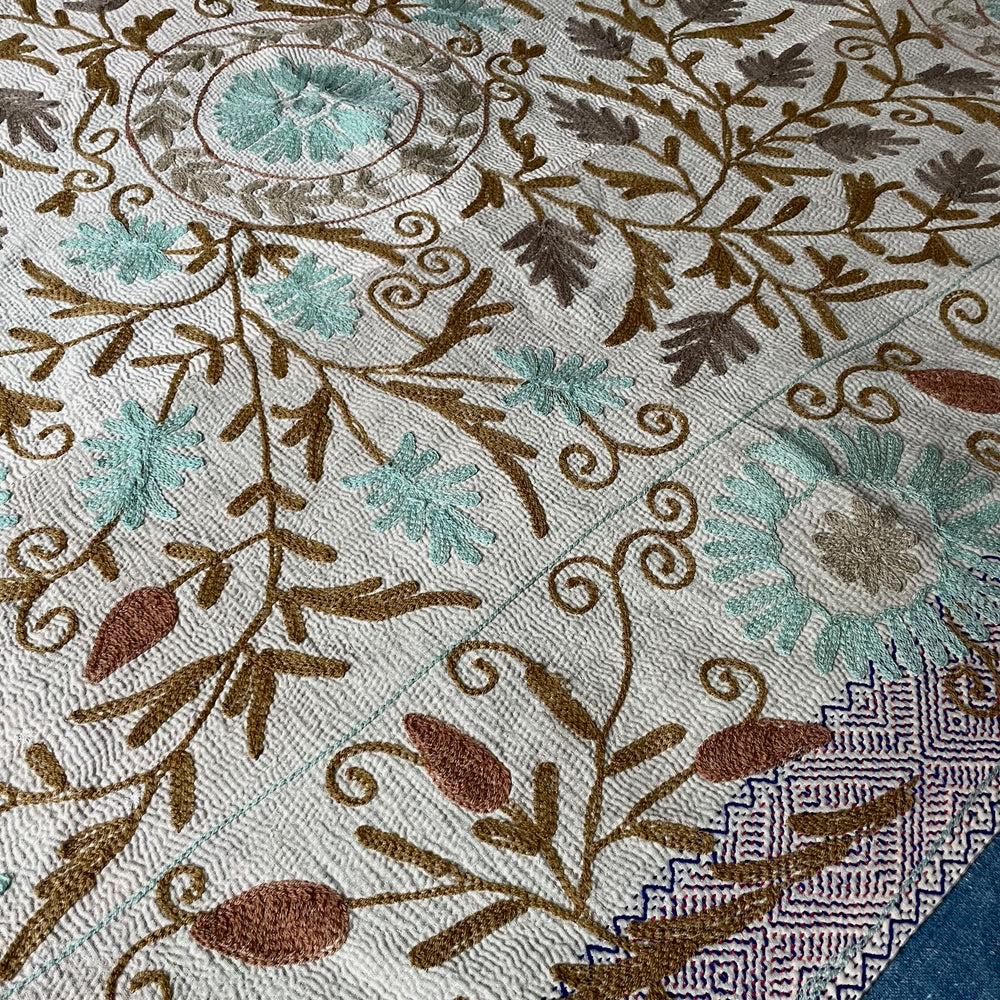 
                  
                    blue beige aqua embroidered kantha throw quilt suzani bedspread cotton comforter
                  
                