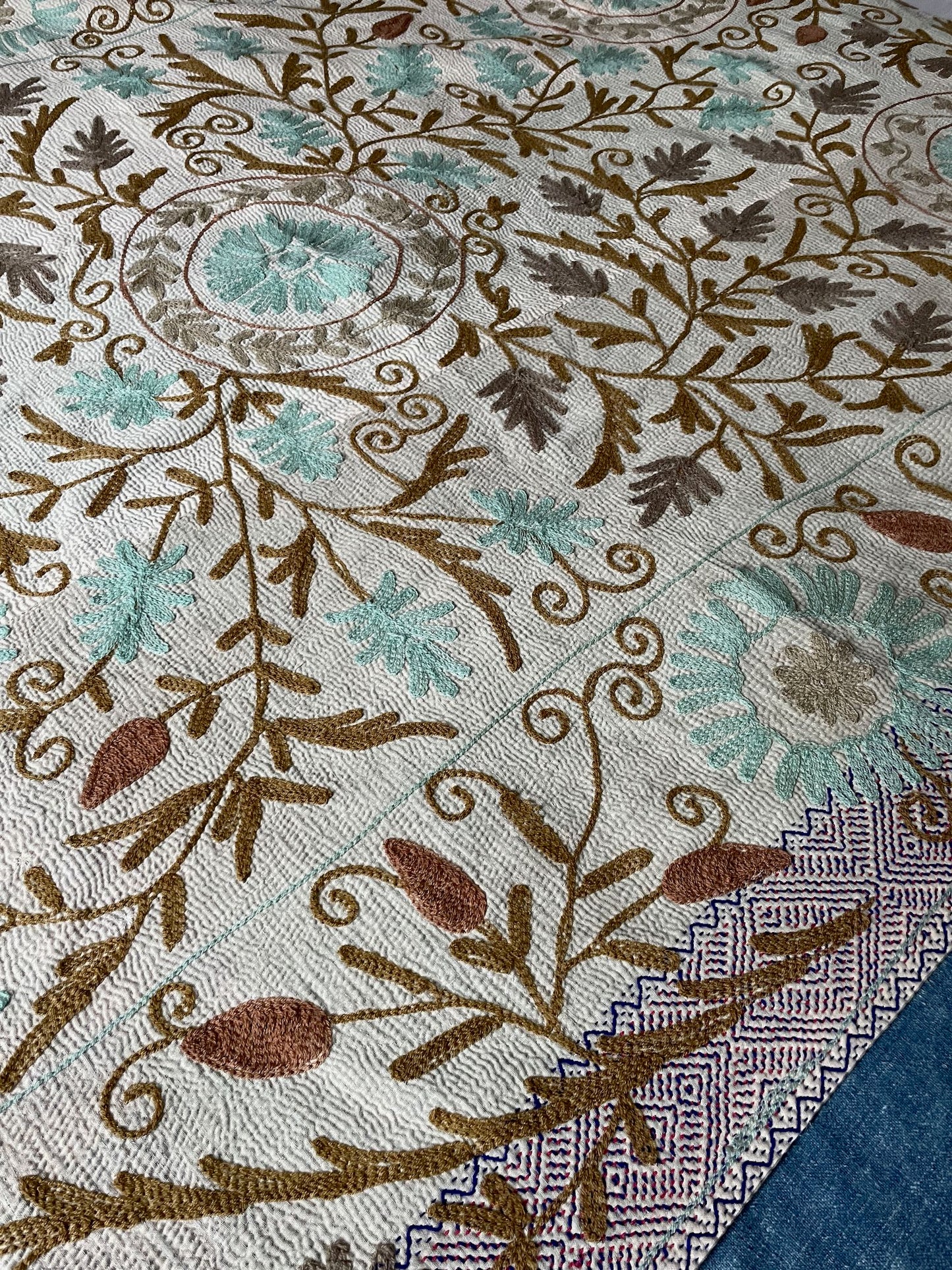 
                  
                    blue beige aqua embroidered kantha throw quilt suzani bedspread cotton comforter
                  
                