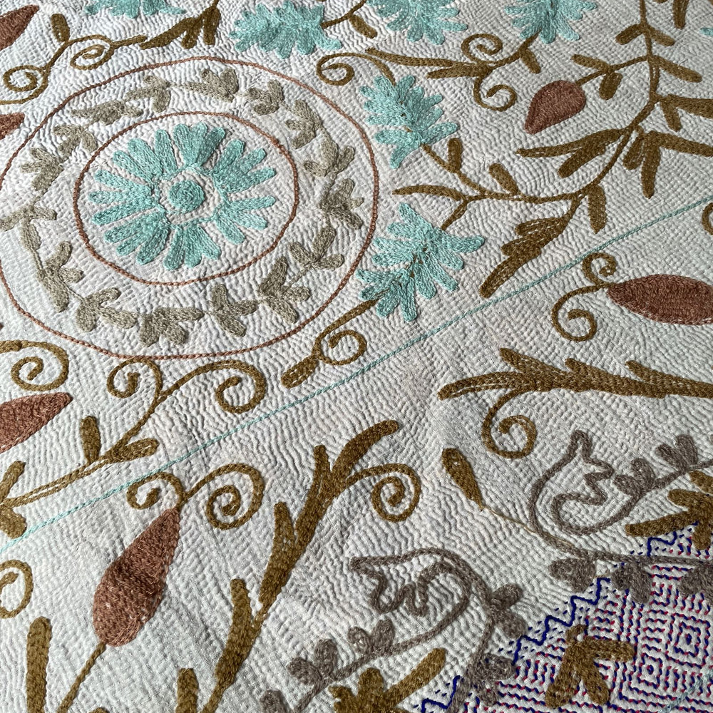 
                  
                    blue beige aqua embroidered kantha throw quilt suzani bedspread cotton comforter
                  
                