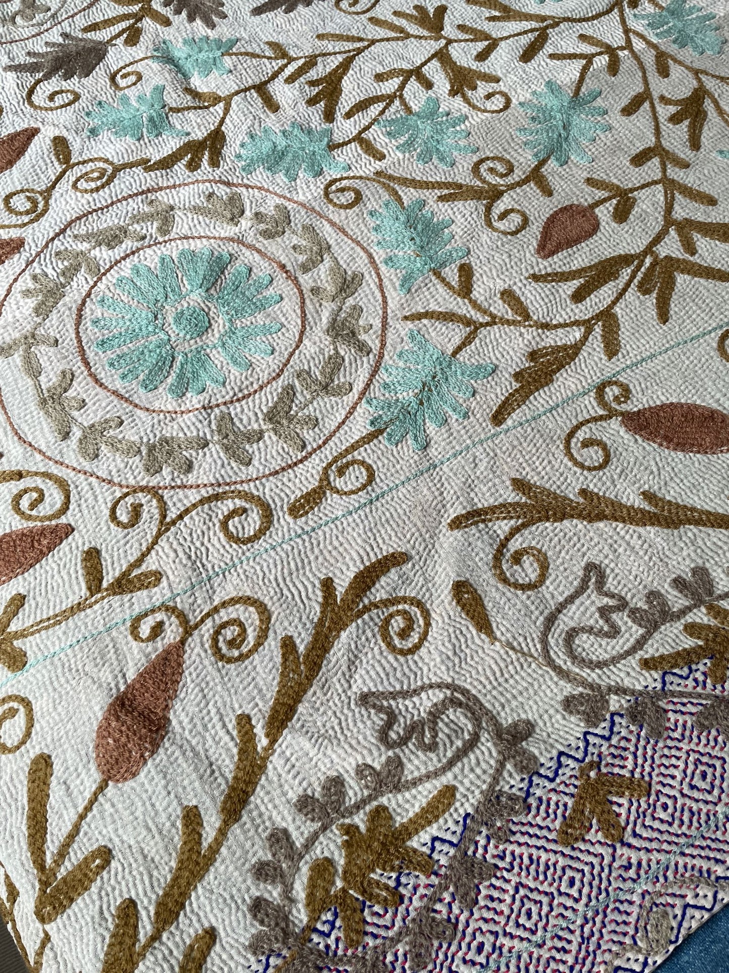 
                  
                    blue beige aqua embroidered kantha throw quilt suzani bedspread cotton comforter
                  
                