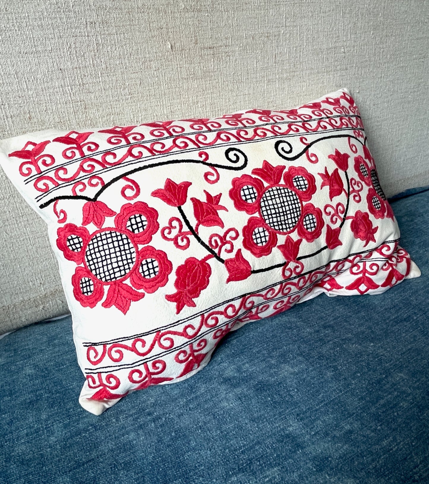 
                  
                    red and black embroidered floral cushion vintage pillow feather pad folk textile free uk delivery
                  
                