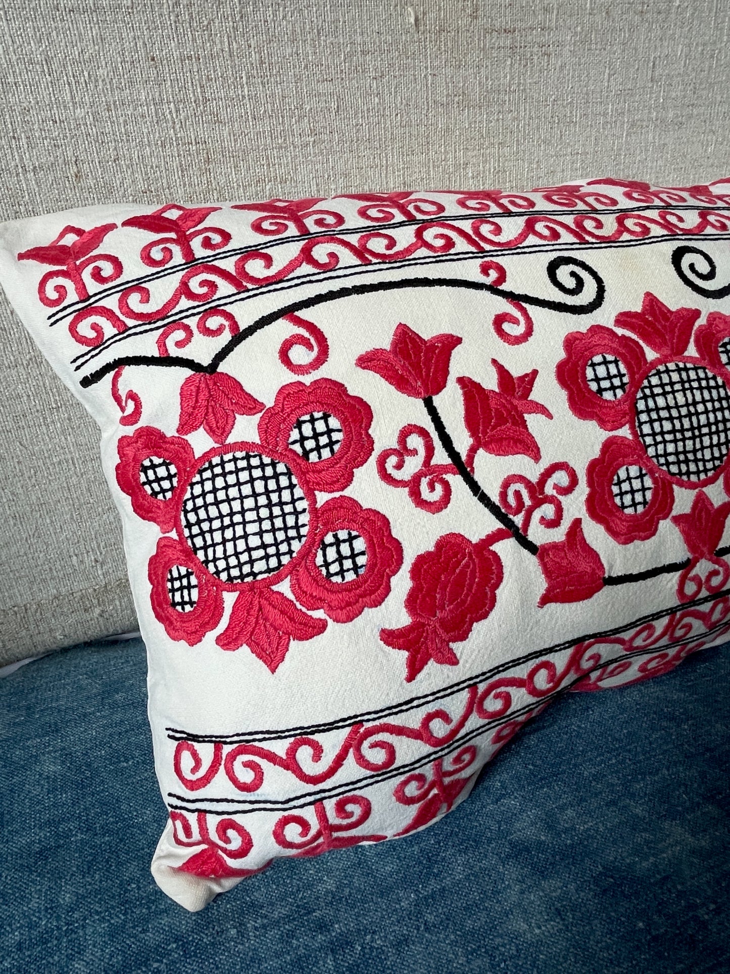 
                  
                    red and black embroidered floral cushion vintage pillow feather pad folk textile free uk delivery
                  
                