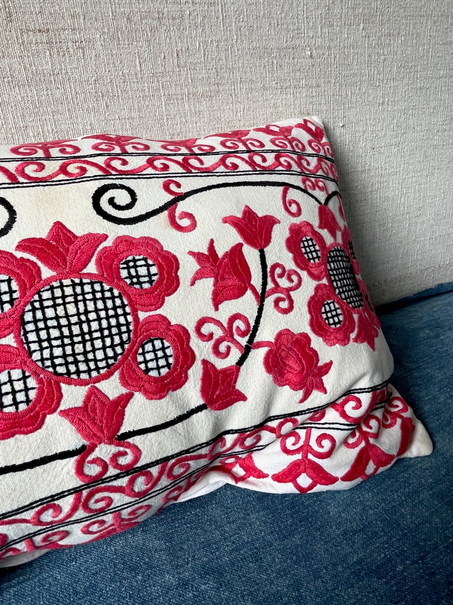 
                  
                    red and black embroidered floral cushion vintage pillow feather pad folk textile free uk delivery
                  
                