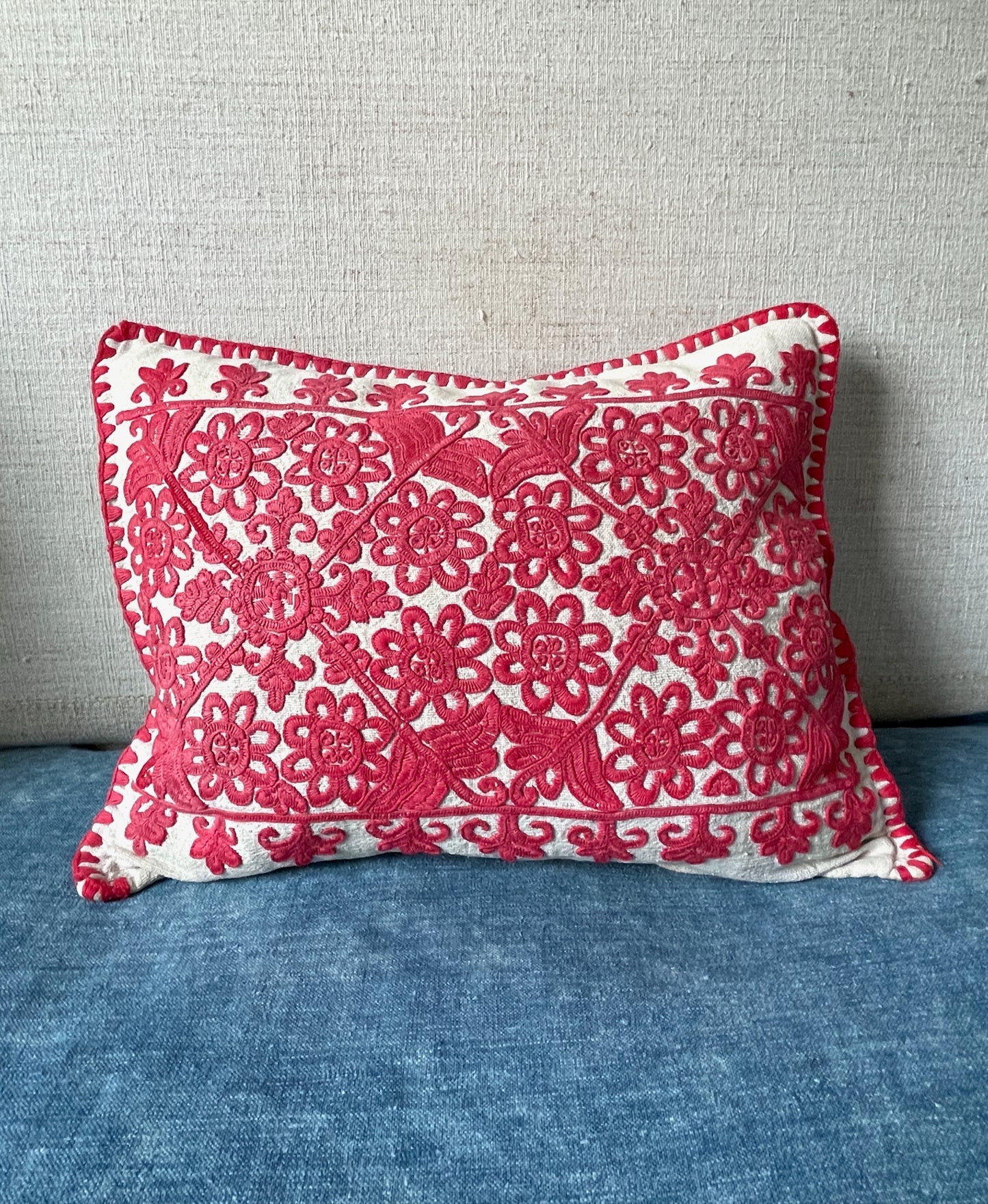 
                  
                    vintage embroidered irasos cushion folk art pillow in red on white  feather pad free uk delivery
                  
                