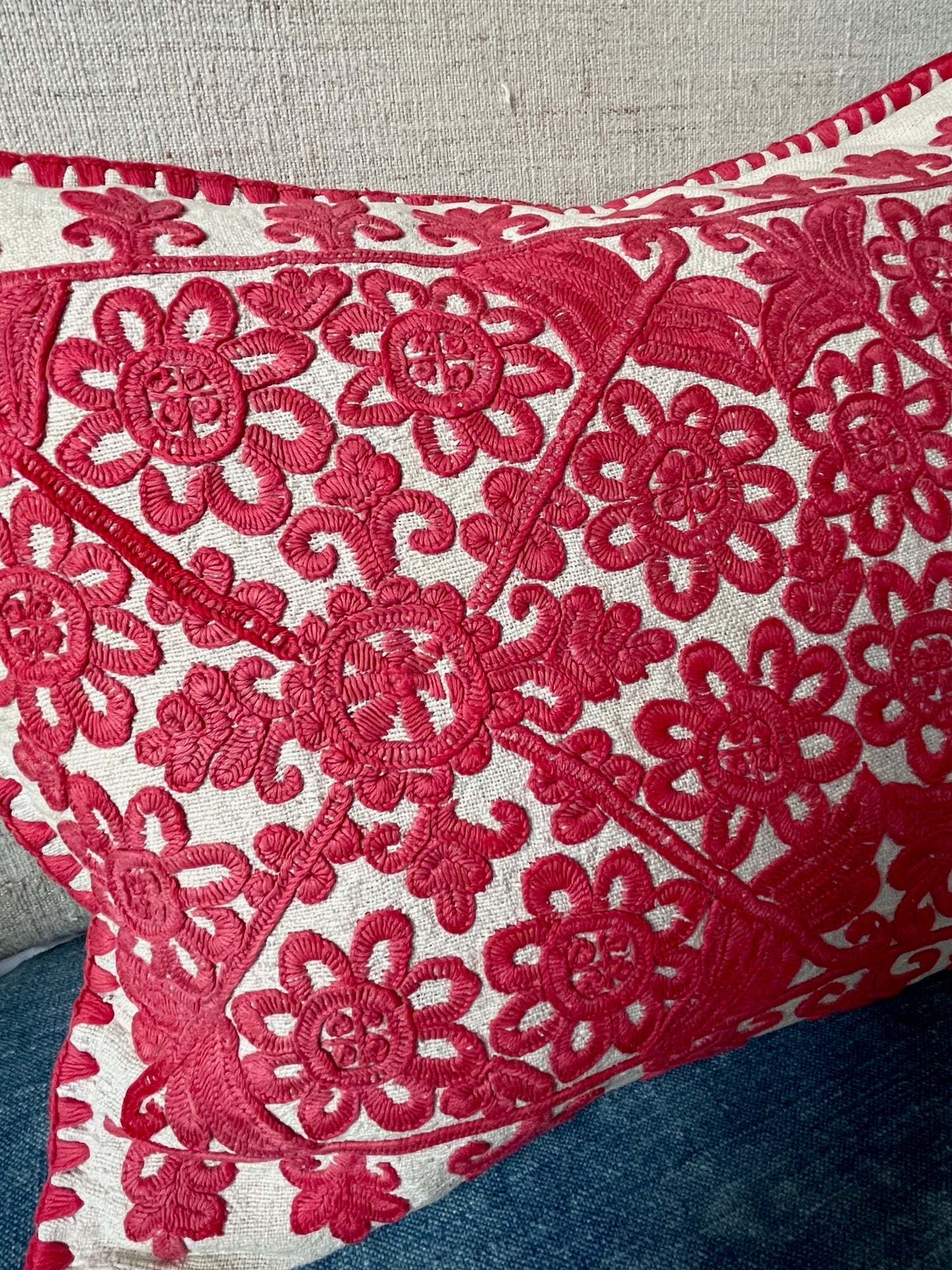 
                  
                    vintage embroidered irasos cushion folk art pillow in red on white  feather pad free uk delivery
                  
                