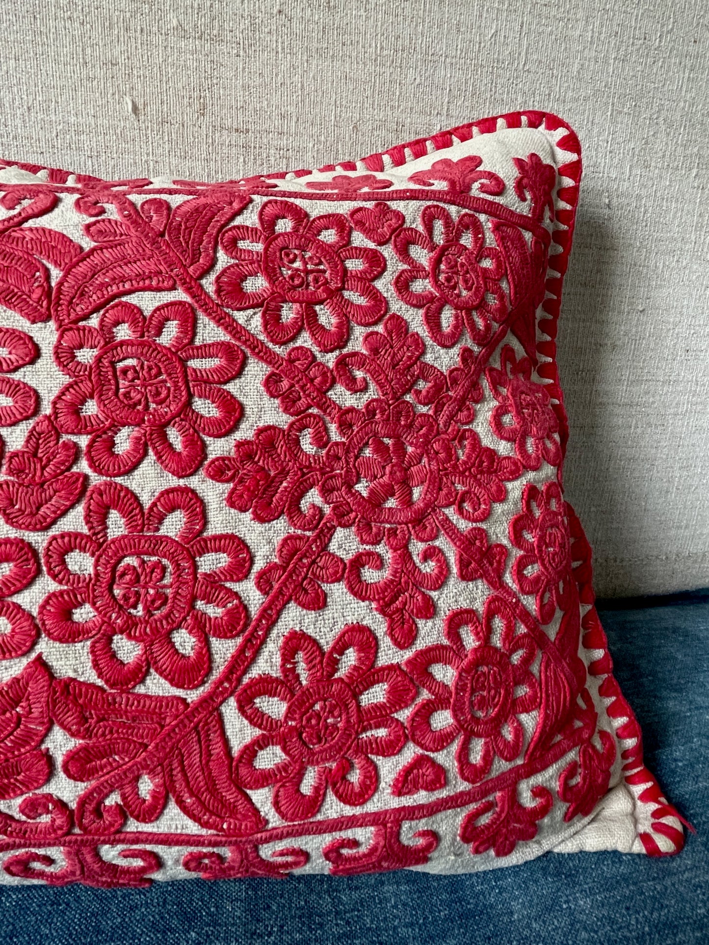
                  
                    vintage embroidered irasos cushion folk art pillow in red on white  feather pad free uk delivery
                  
                