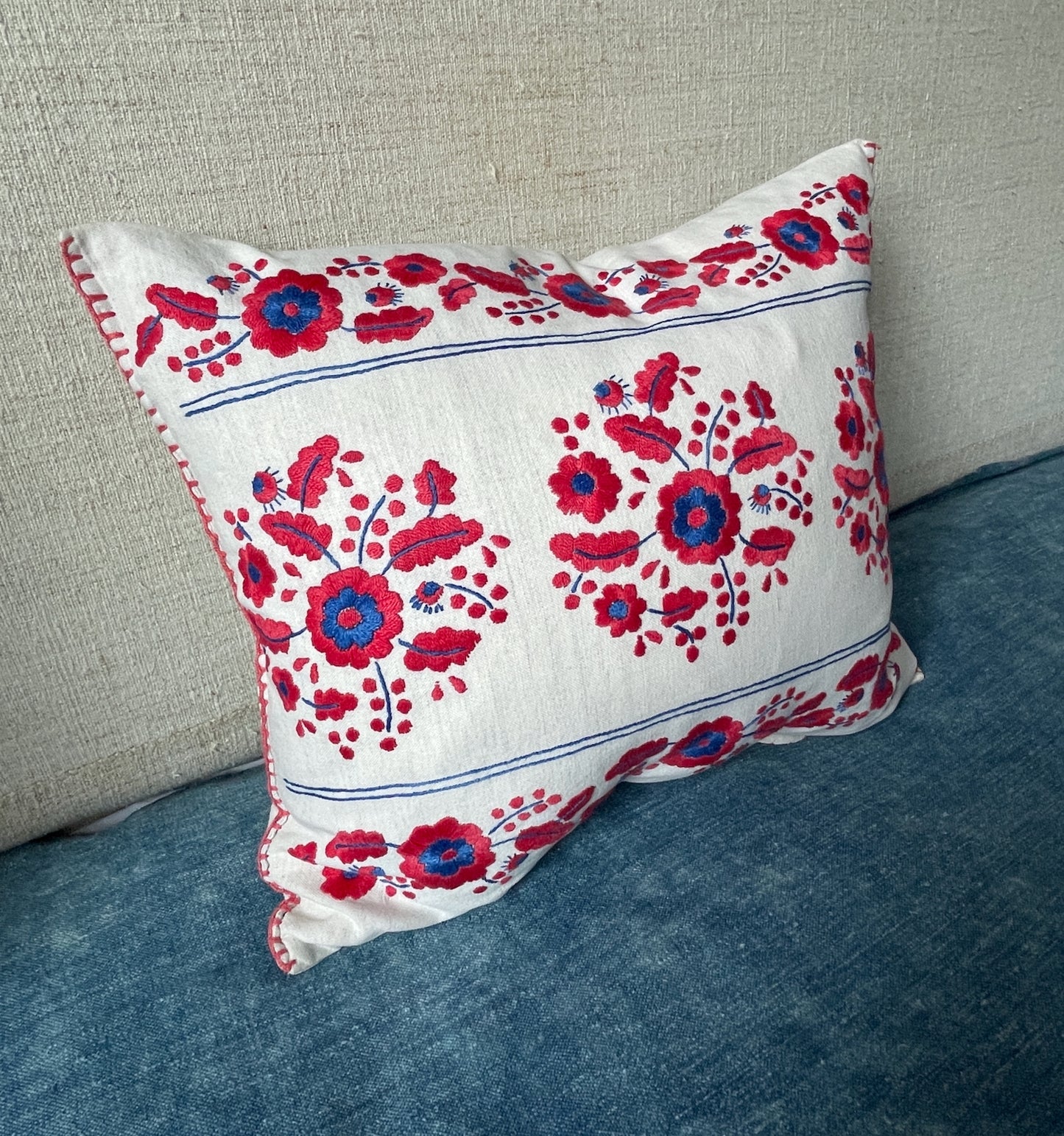 red blue white linen embroidered cushion folk art style vintage Hungarian pillow free uk delivery