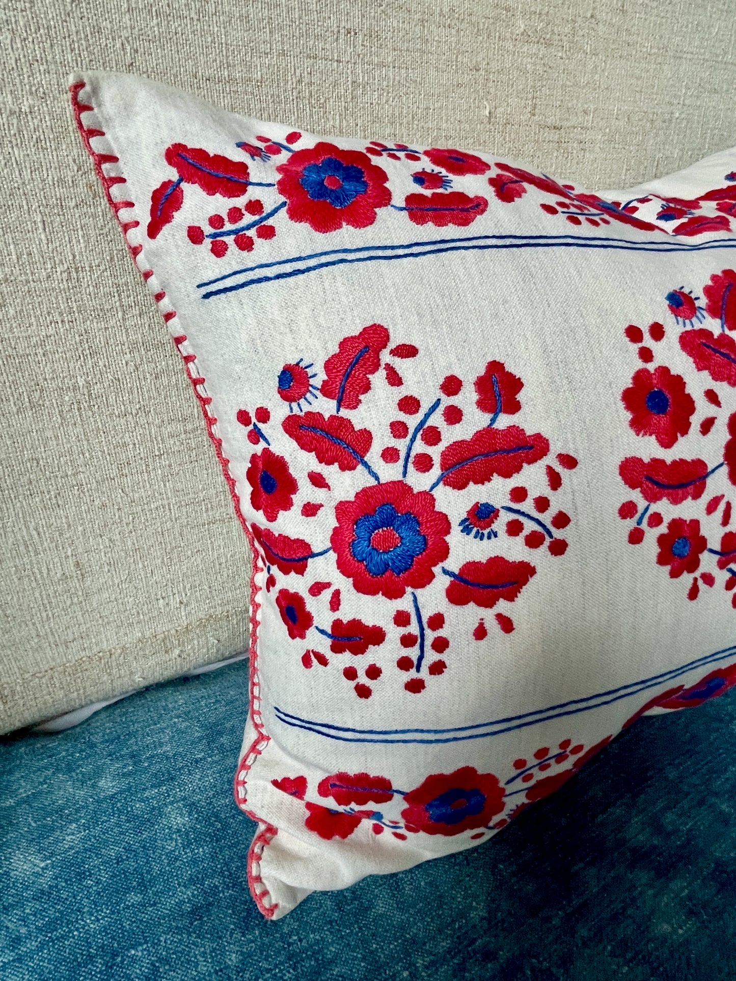 red blue white linen embroidered cushion folk art style vintage rectangular pillow free uk delivery
