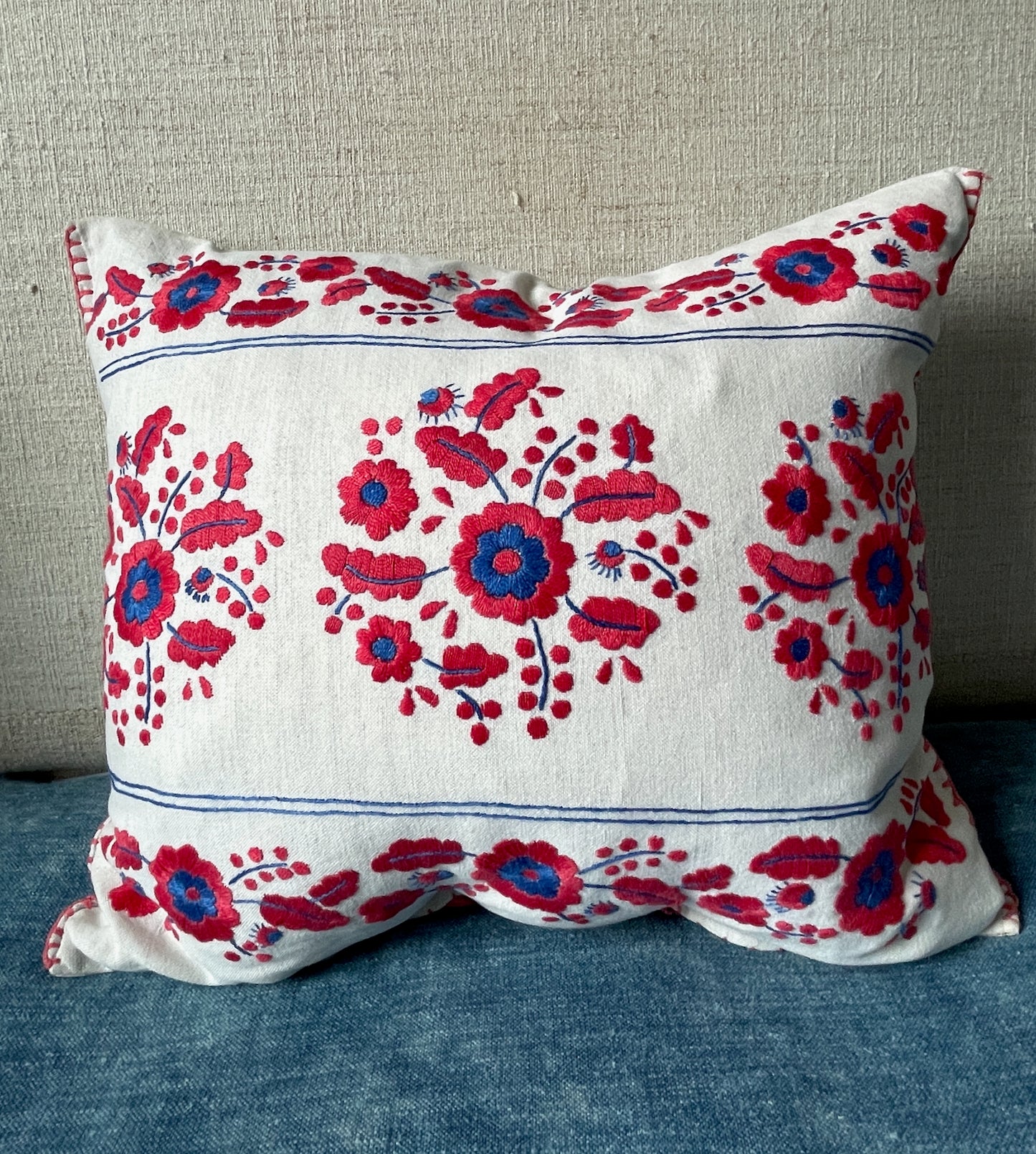 
                  
                    red blue white linen embroidered cushion folk art style vintage floral pillow free uk delivery
                  
                