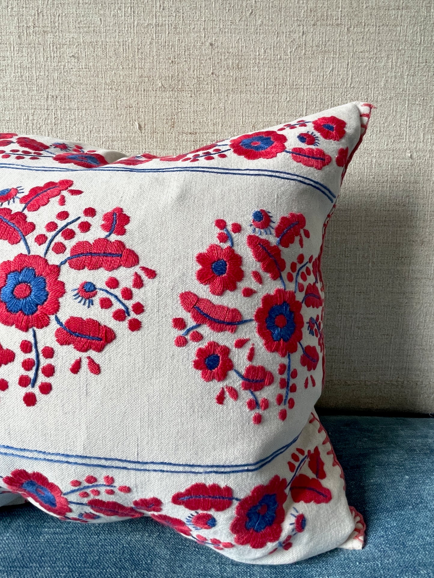 
                  
                    red blue white linen embroidered cushion folk art style vintage flowery pillow free uk delivery
                  
                