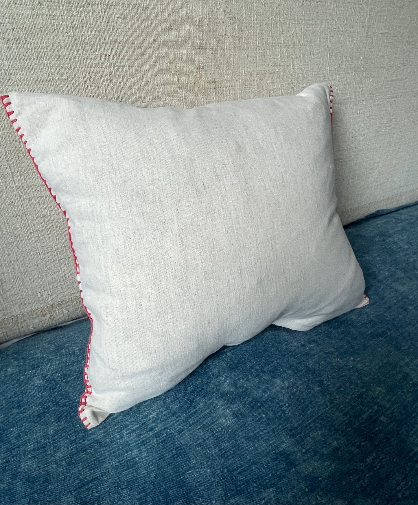 
                  
                    reverse of red blue white linen embroidered cushion folk art style vintage pillow free uk delivery
                  
                