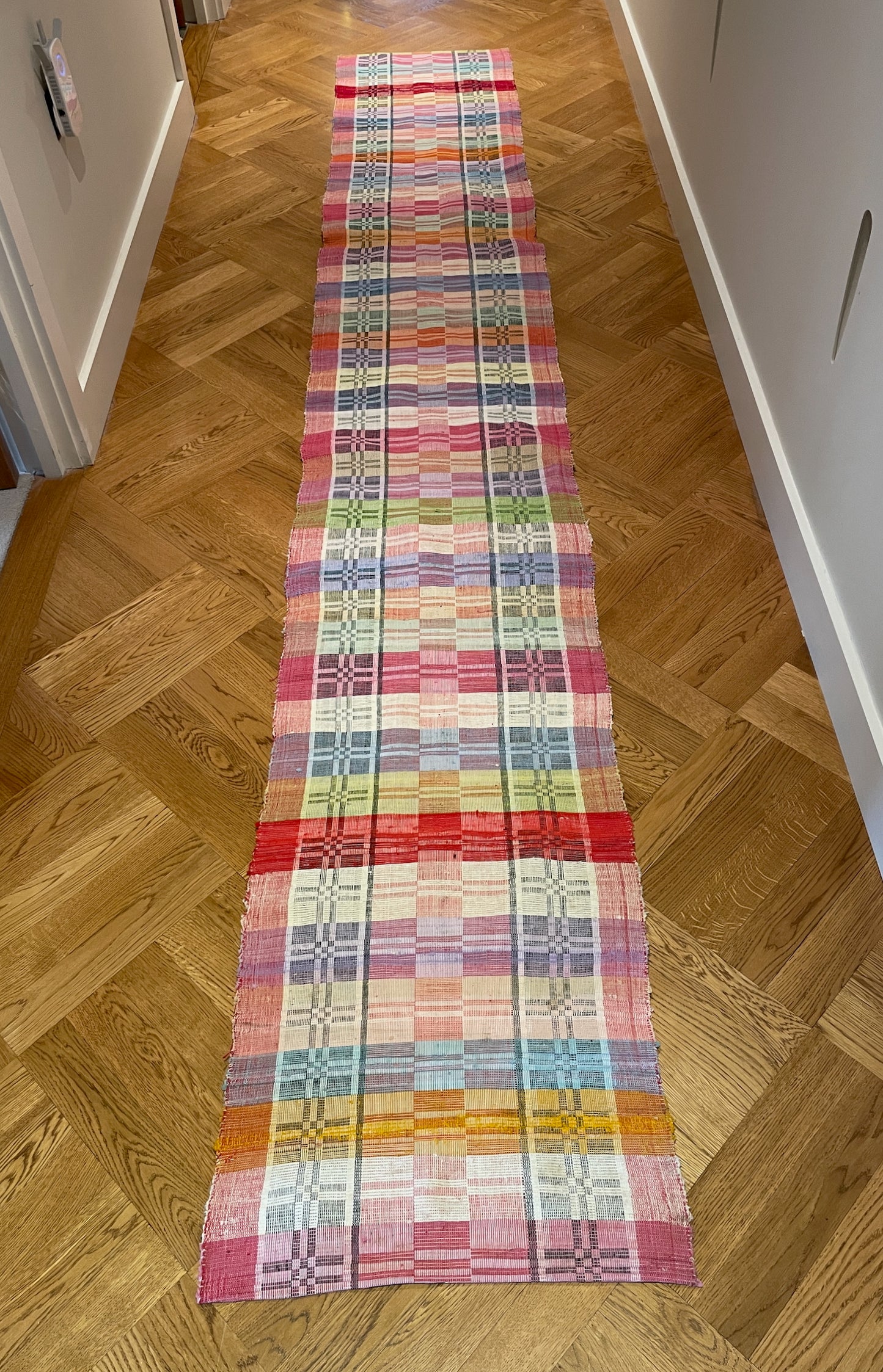 long floor runner in rainbow red pink yellow colours cotton vintage rag rug washable mat checked