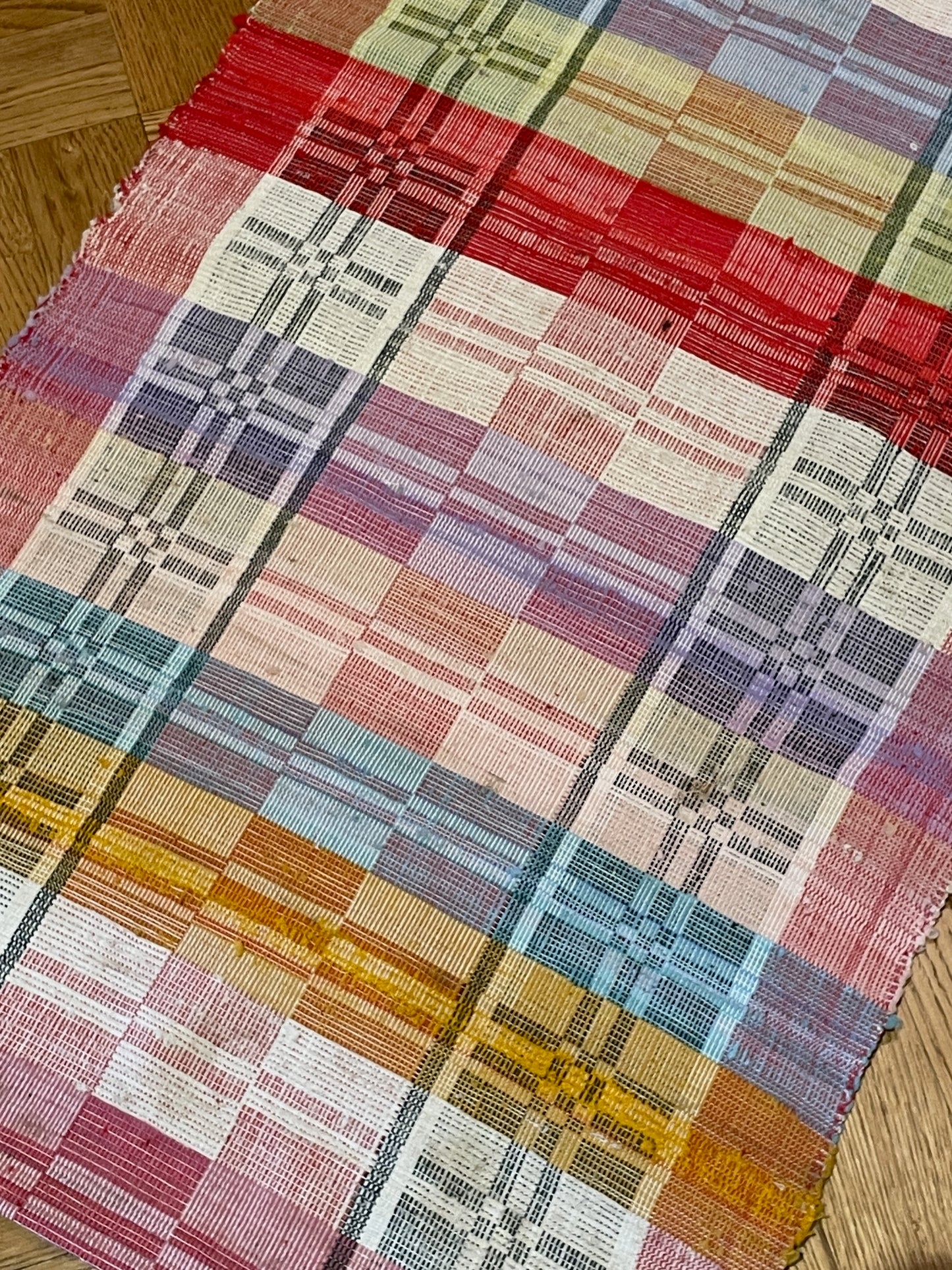 long floor runner in rainbow red pink yellow colours cotton vintage rag rug washable mat checked
