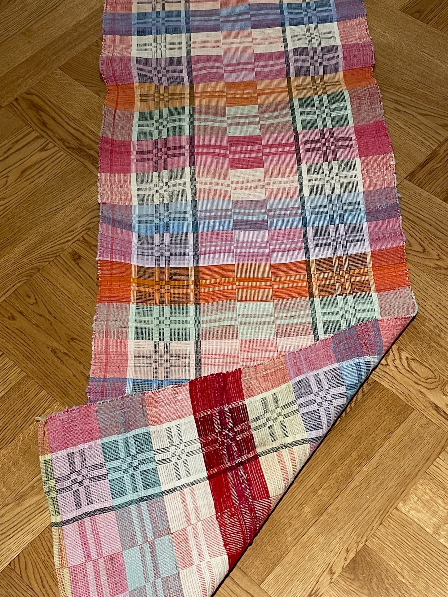 
                  
                    long floor runner in rainbow red pink yellow colours cotton vintage rag rug washable mat checked
                  
                
