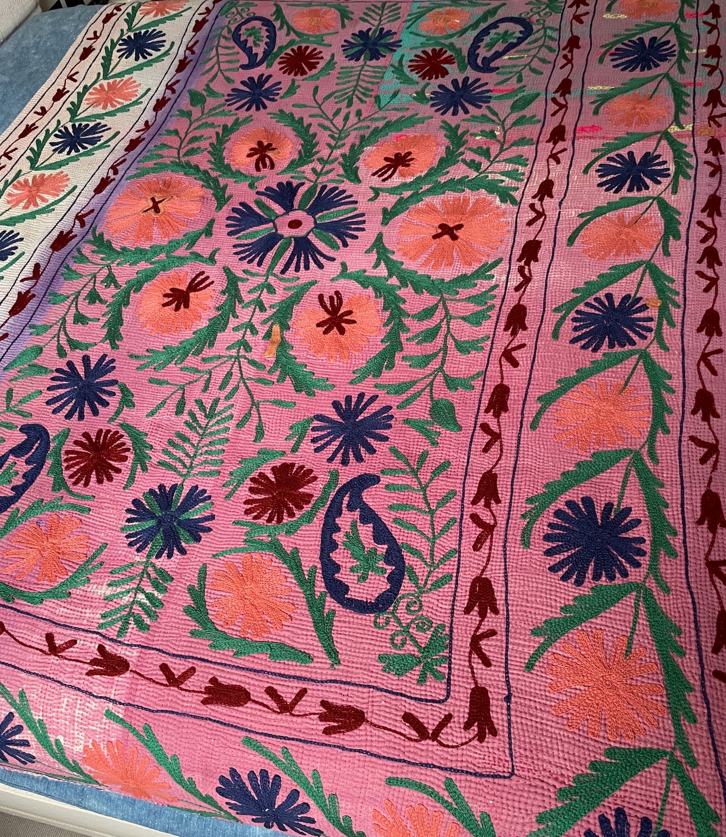 dark pink green orange green embroidered quilt large kantha cotton comforter sofa throw washable