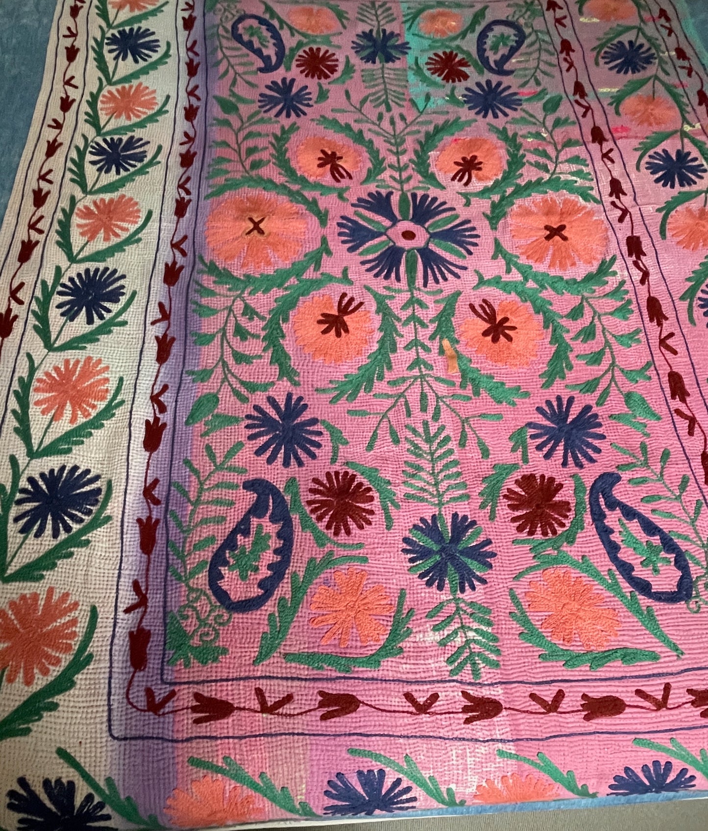 
                  
                    dark pink green orange green embroidered quilt large kantha cotton comforter sofa throw washable
                  
                