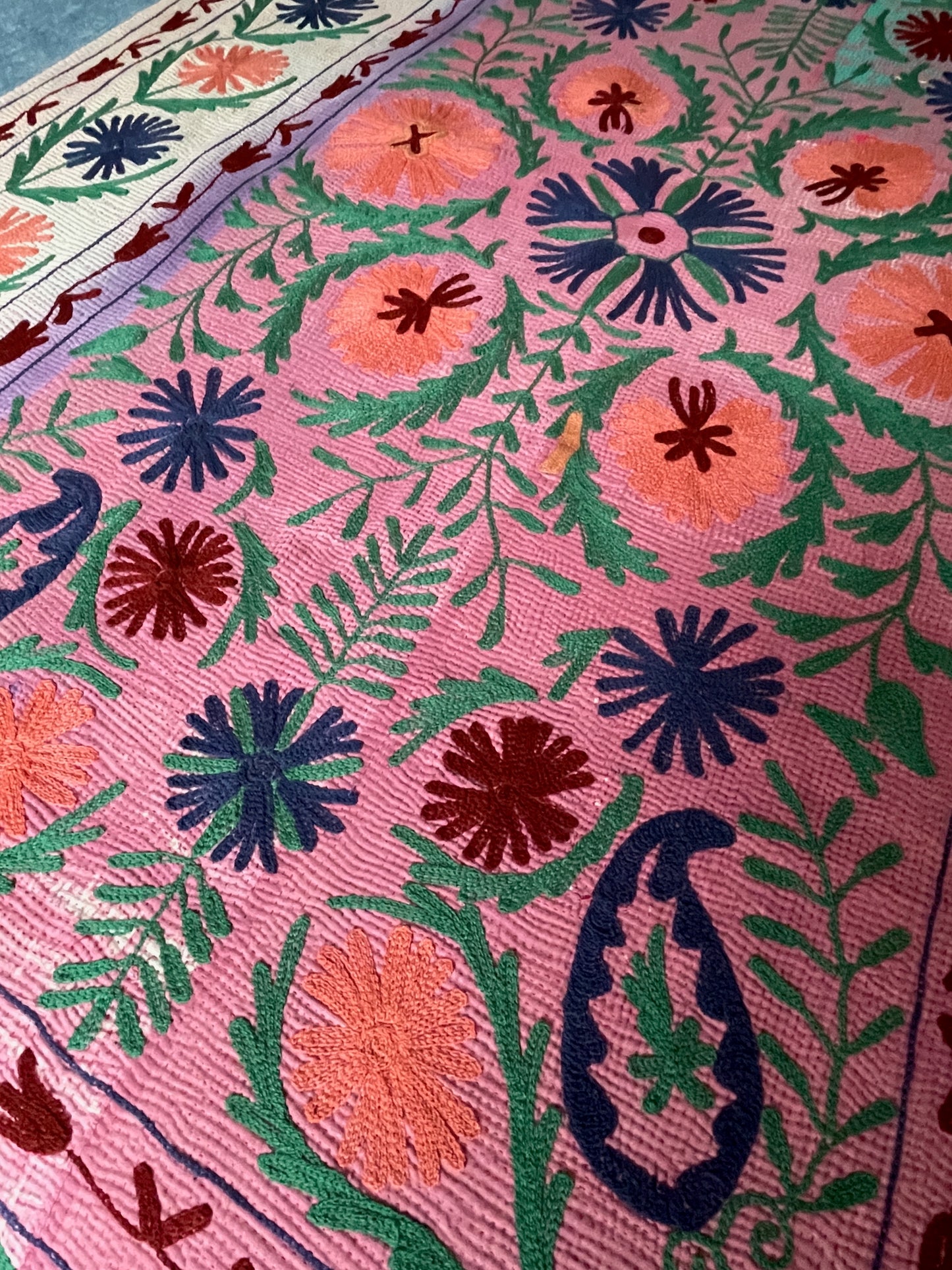 
                  
                    dark pink green orange green embroidered quilt large kantha cotton comforter sofa throw washable
                  
                