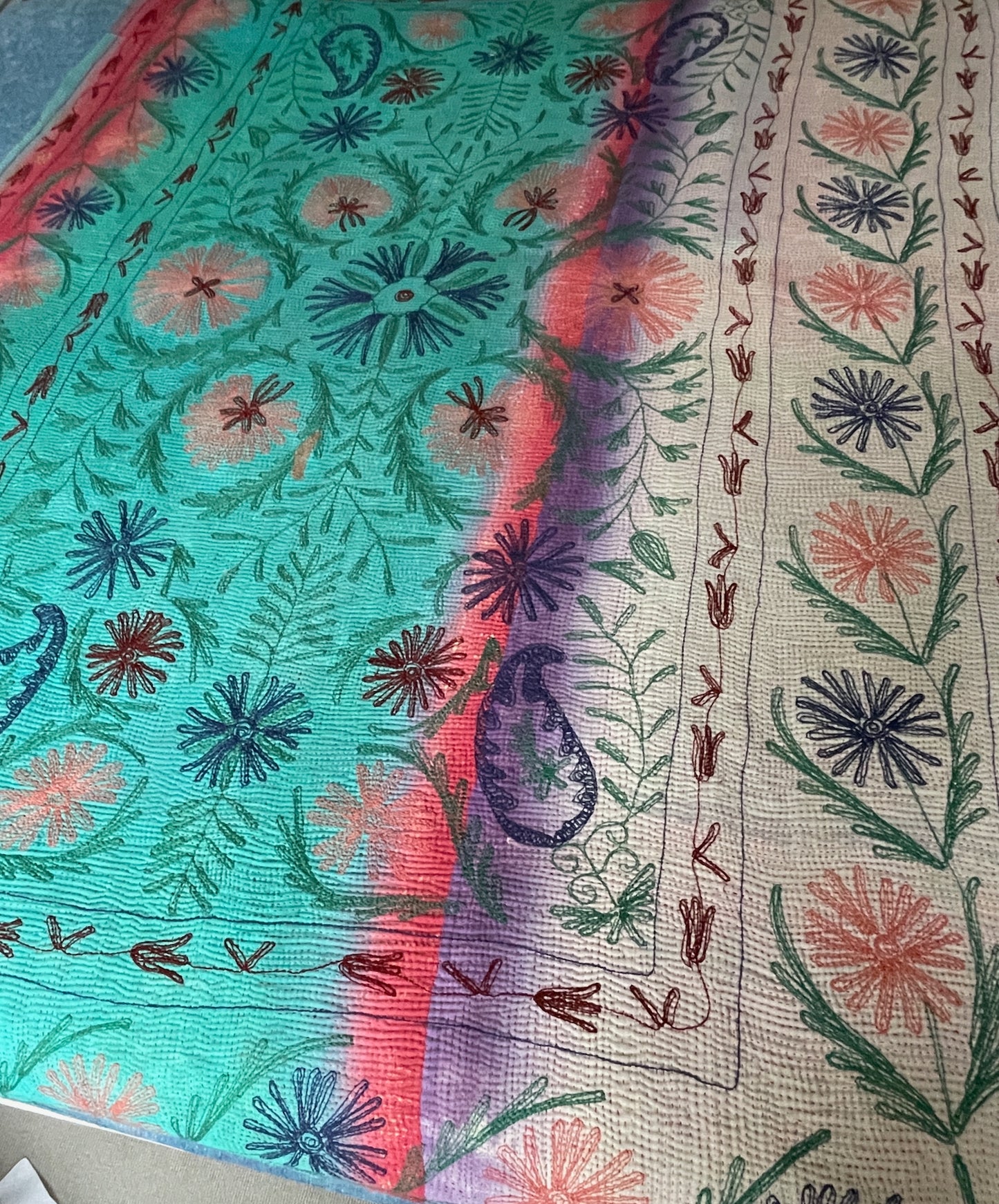 
                  
                    dark pink green orange green embroidered quilt large kantha cotton comforter sofa throw reversible
                  
                
